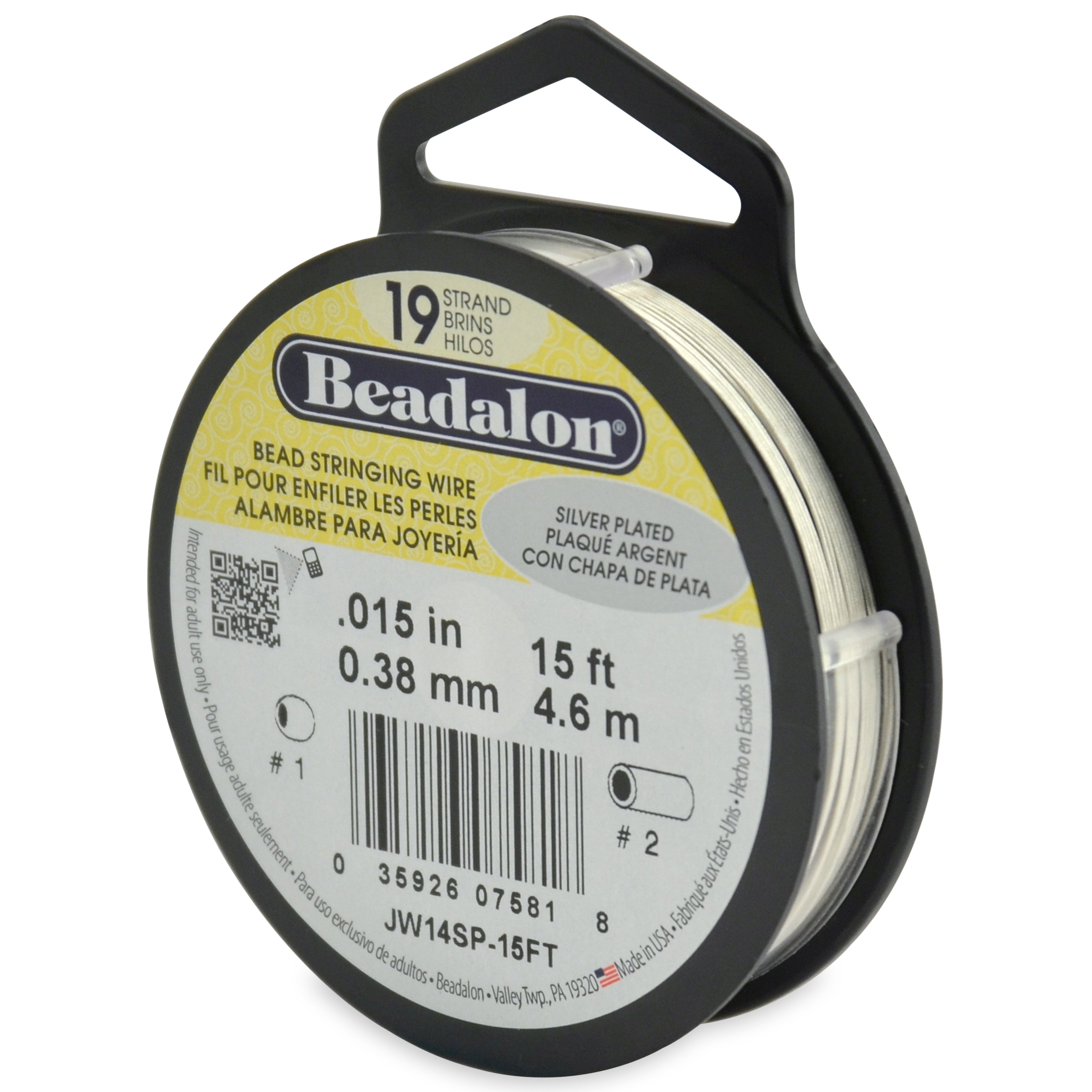 Beadalon 19 Strand Silver Plated .015in Flexible Bead Stringing Wire, 15ft Spool