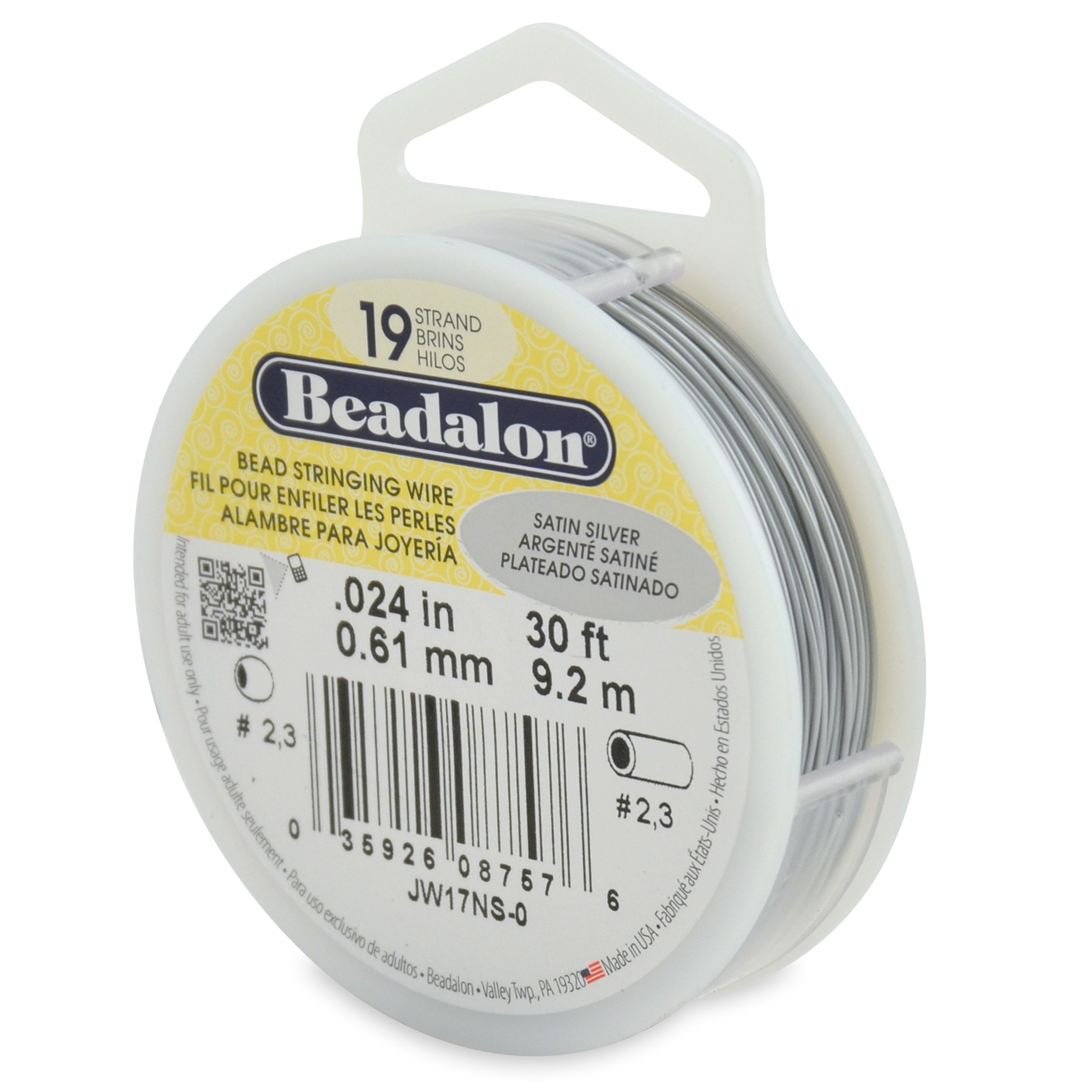 Beadalon 19 Strand Satin Silver .024in Flexible Bead Stringing Wire, 30ft Spool