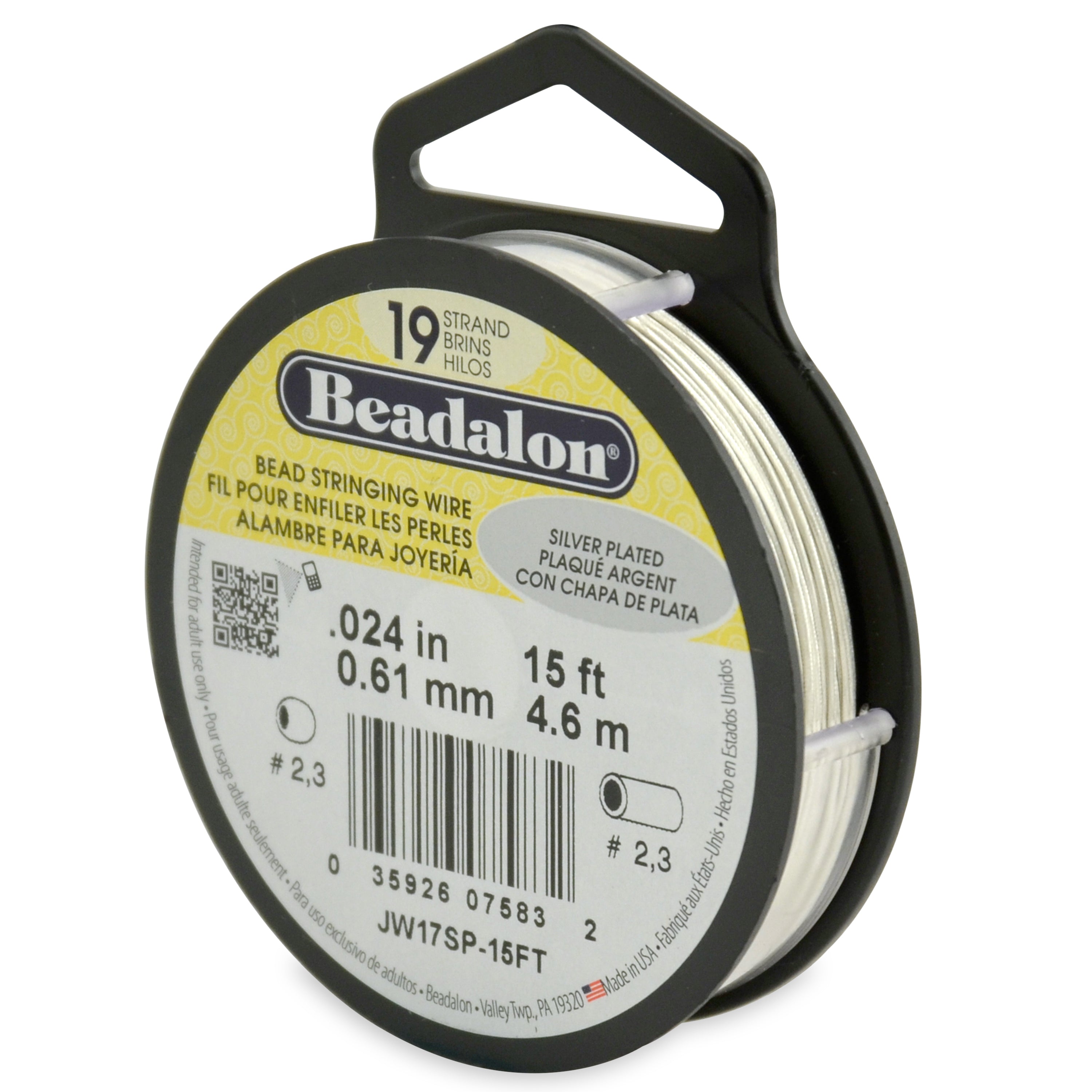 Beadalon 19 Strand Silver Plated .024in Flexible Bead Stringing Wire, 15ft Spool