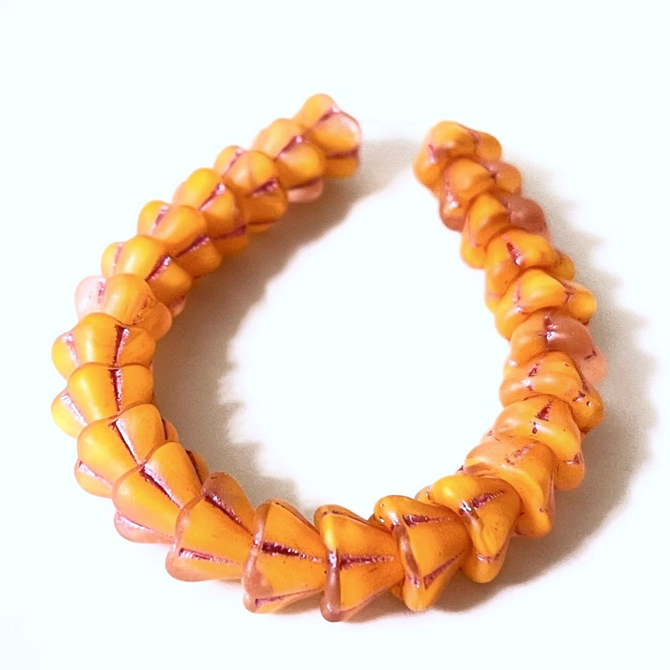 Czech Glass Beads Bell Flower 6x8mm Matte Orange Clear with Metallic Pink Wash (25 or 100pcs)