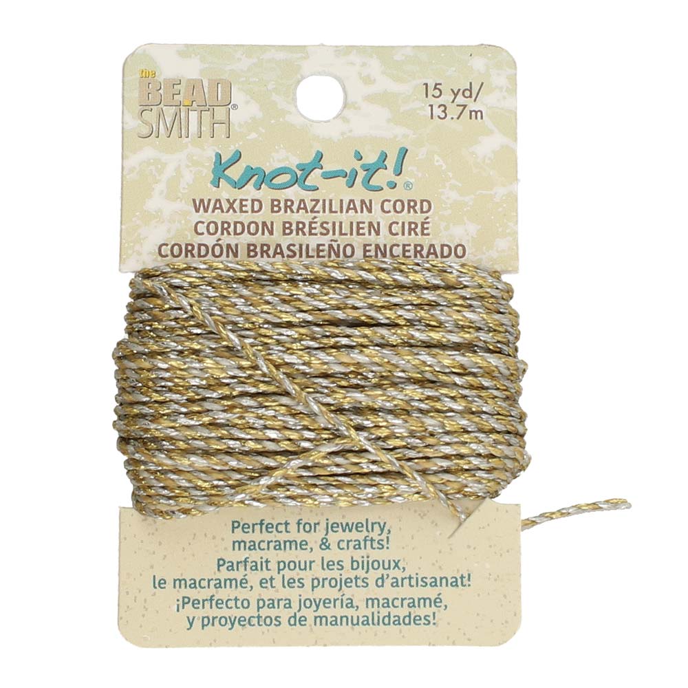 Knot-It Waxed Brazilian Cord, Metallic Gold & Silver Color - 15 Yards