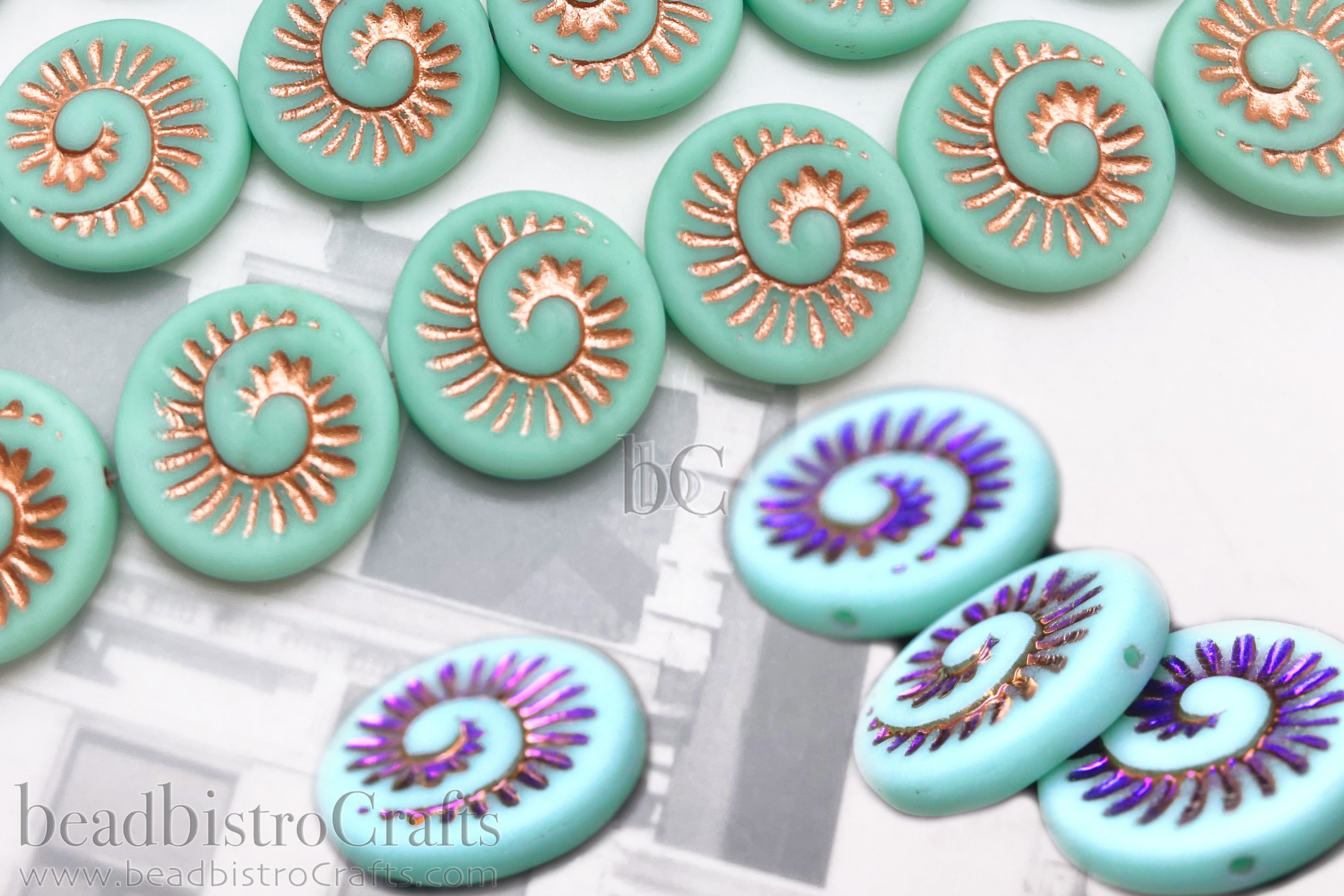 Ammonite Beads 18mm CHOOSE COLOR Pressed Czech Glass Pale Jade Coin Beads