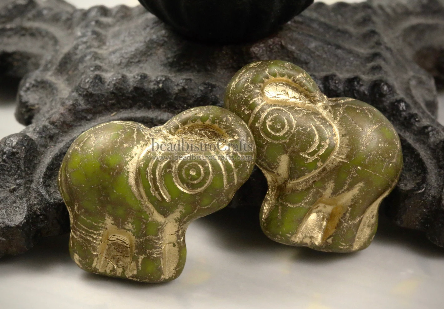 Czech Glass Elephant 20mm Beads Matte Opaque Olive Bronze Teracotta Gold Wash Happy Elephant Beads