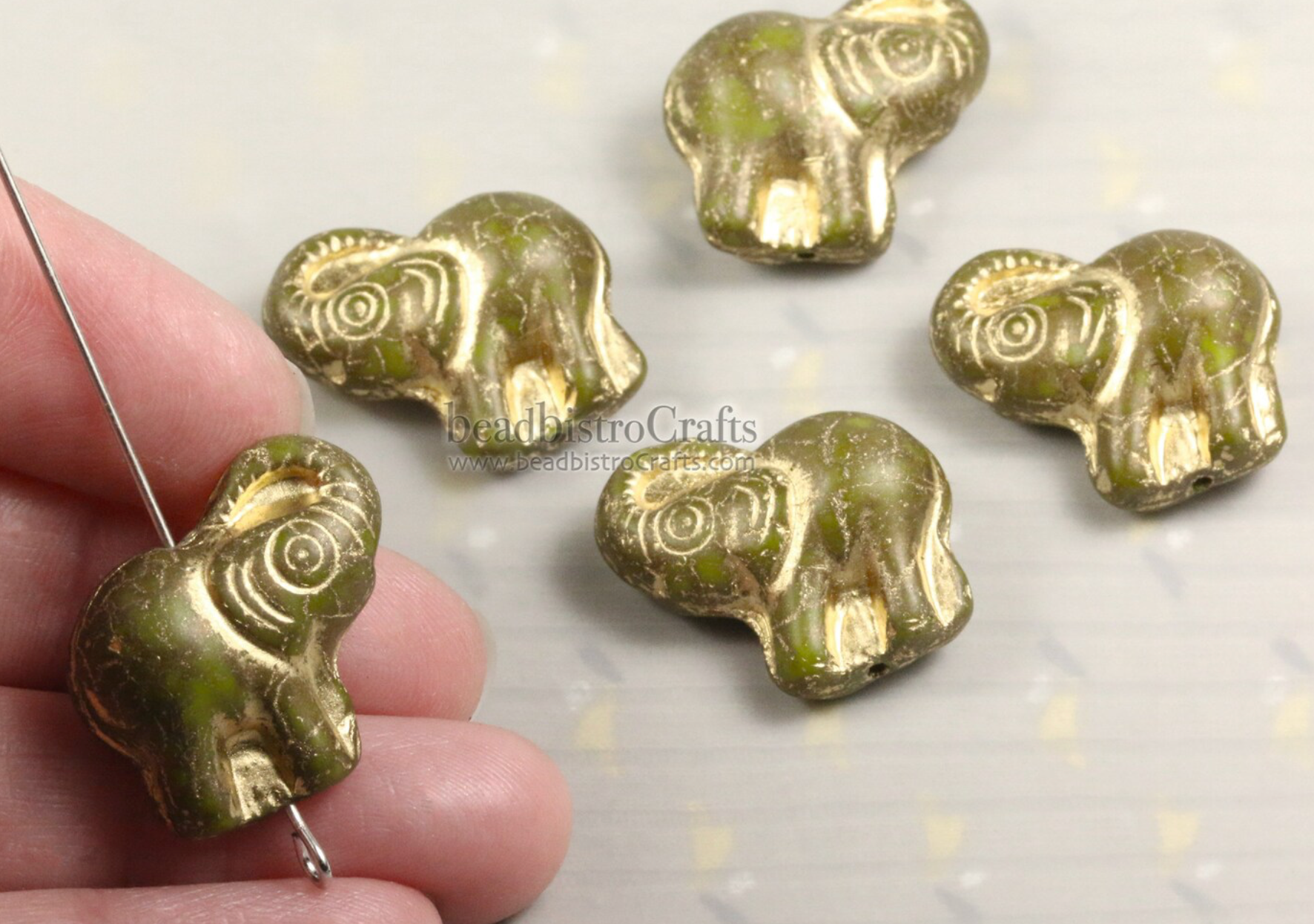 Czech Glass Elephant 20mm Beads Matte Opaque Olive Bronze Teracotta Gold Wash Happy Elephant Beads