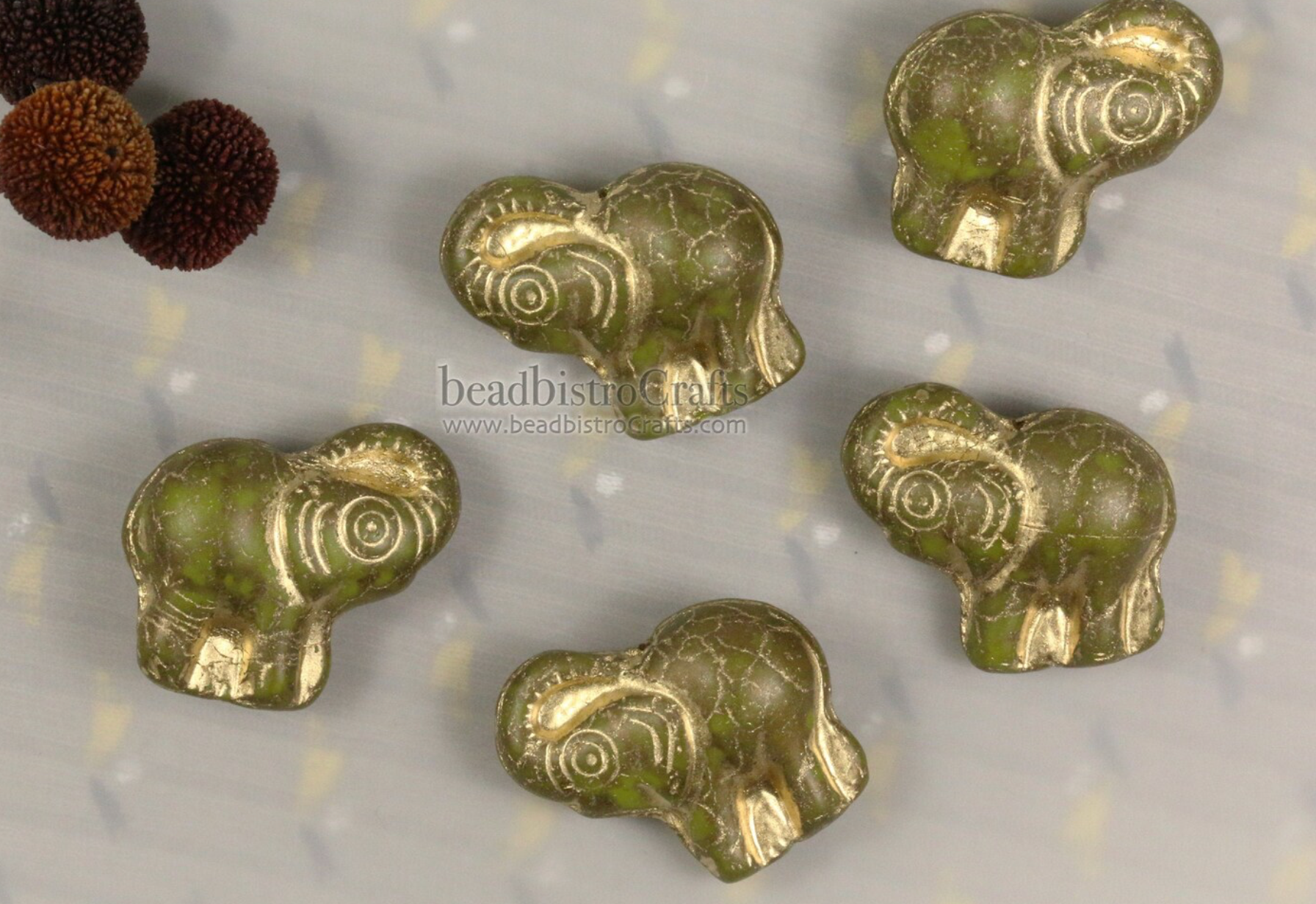 Czech Glass Elephant 20mm Beads Matte Opaque Olive Bronze Teracotta Gold Wash Happy Elephant Beads