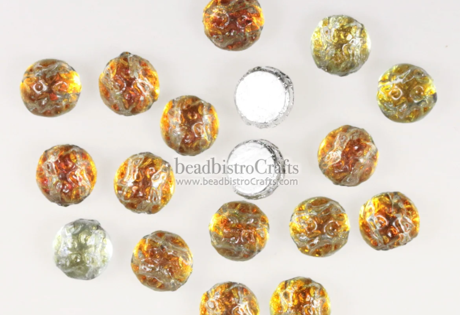 2-hole Cratered Cabochon Bead 7mm Backlit Tequila Round Baroque Czech Glass Beads 20pcs