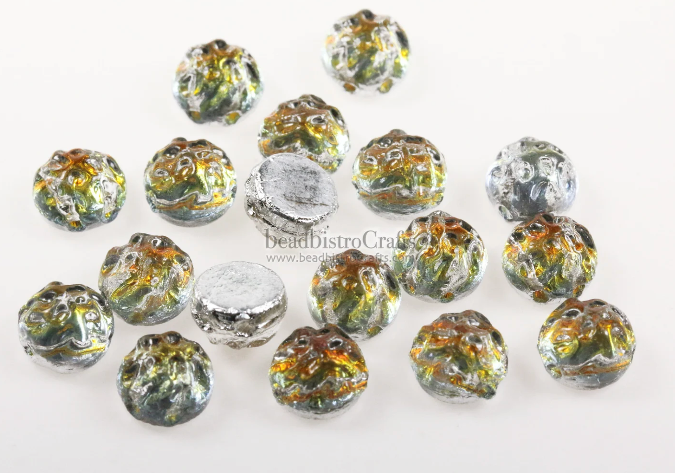 2-hole Cratered Cabochon Bead 7mm Backlit Tequila Round Baroque Czech Glass Beads 20pcs