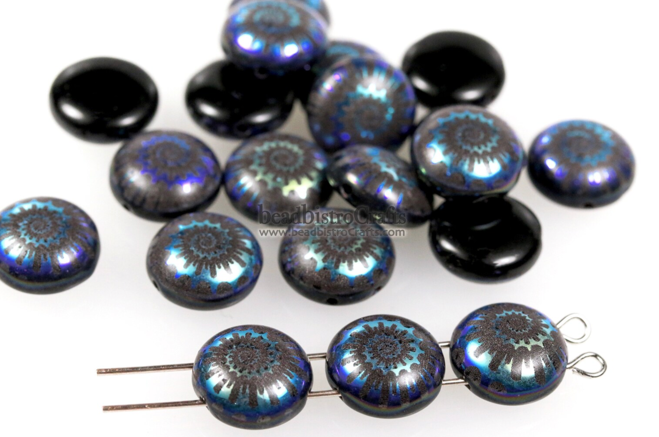 2-hole CANDY™ Cabochon Beads Opaque Jet Rainbow Nautilus 12mm Laser Tattoo Preciosa Czech Glass Beads 12pcs