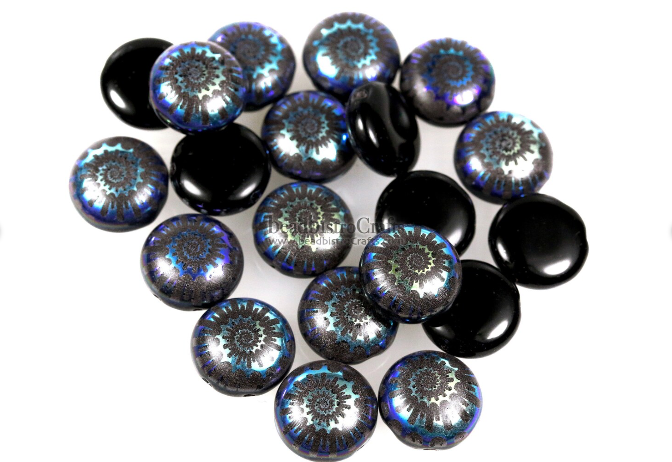 2-hole CANDY™ Cabochon Beads Opaque Jet Rainbow Nautilus 12mm Laser Tattoo Preciosa Czech Glass Beads 12pcs