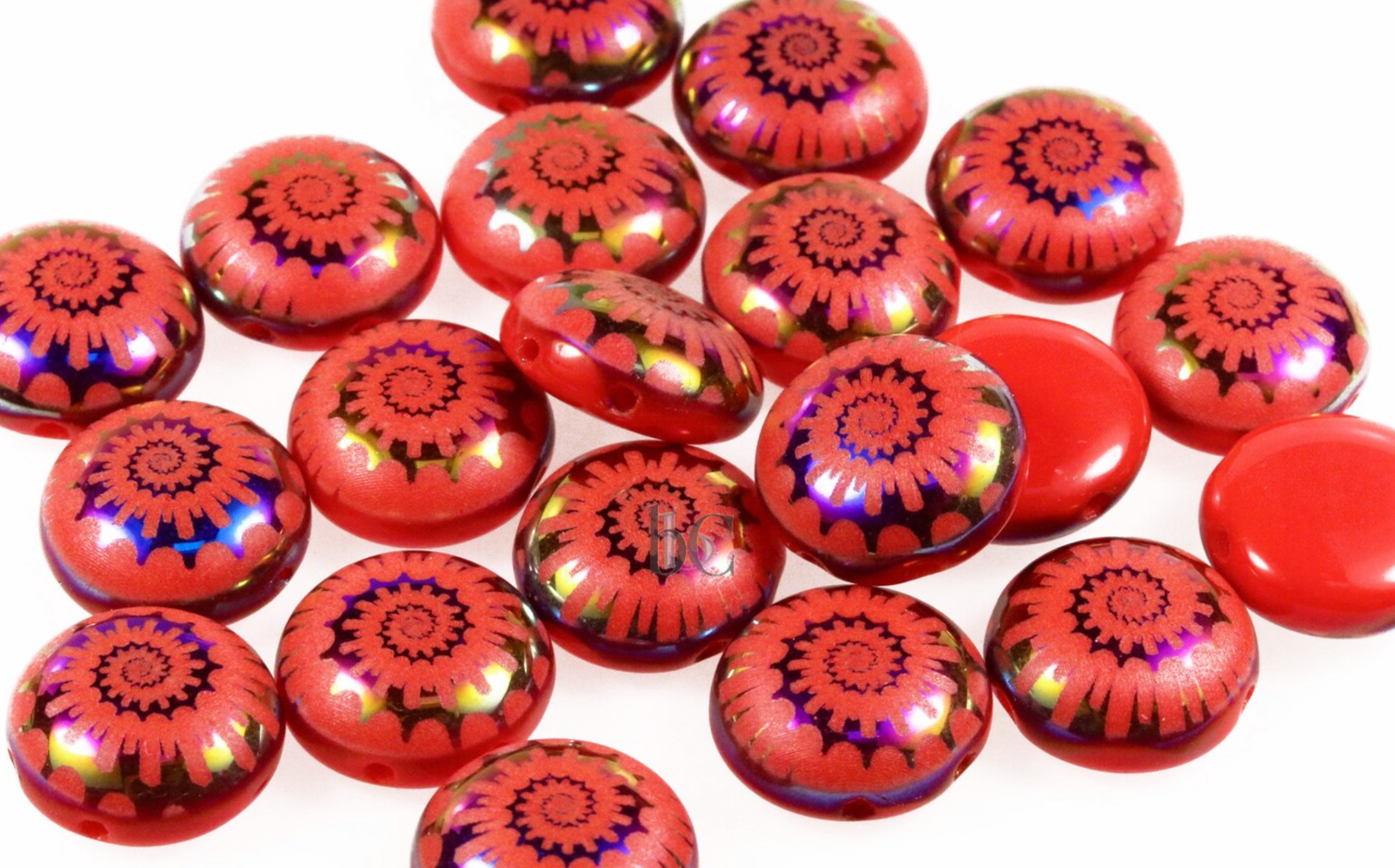 2-hole CANDY™ Cabochon Beads Opaque Red Coral Sliperit Nautilus 12mm Laser Tattoo Preciosa Czech Glass Beads 12pcs