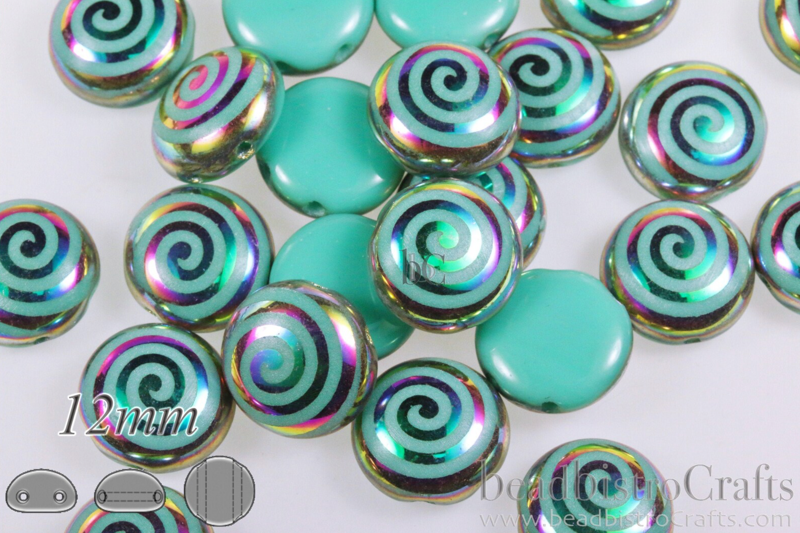 2-hole CANDY™ Cabochon Beads Opaque Green Turquoise Vitrail Spiral 12mm Laser Tattoo Preciosa Czech Glass Beads 12pcs