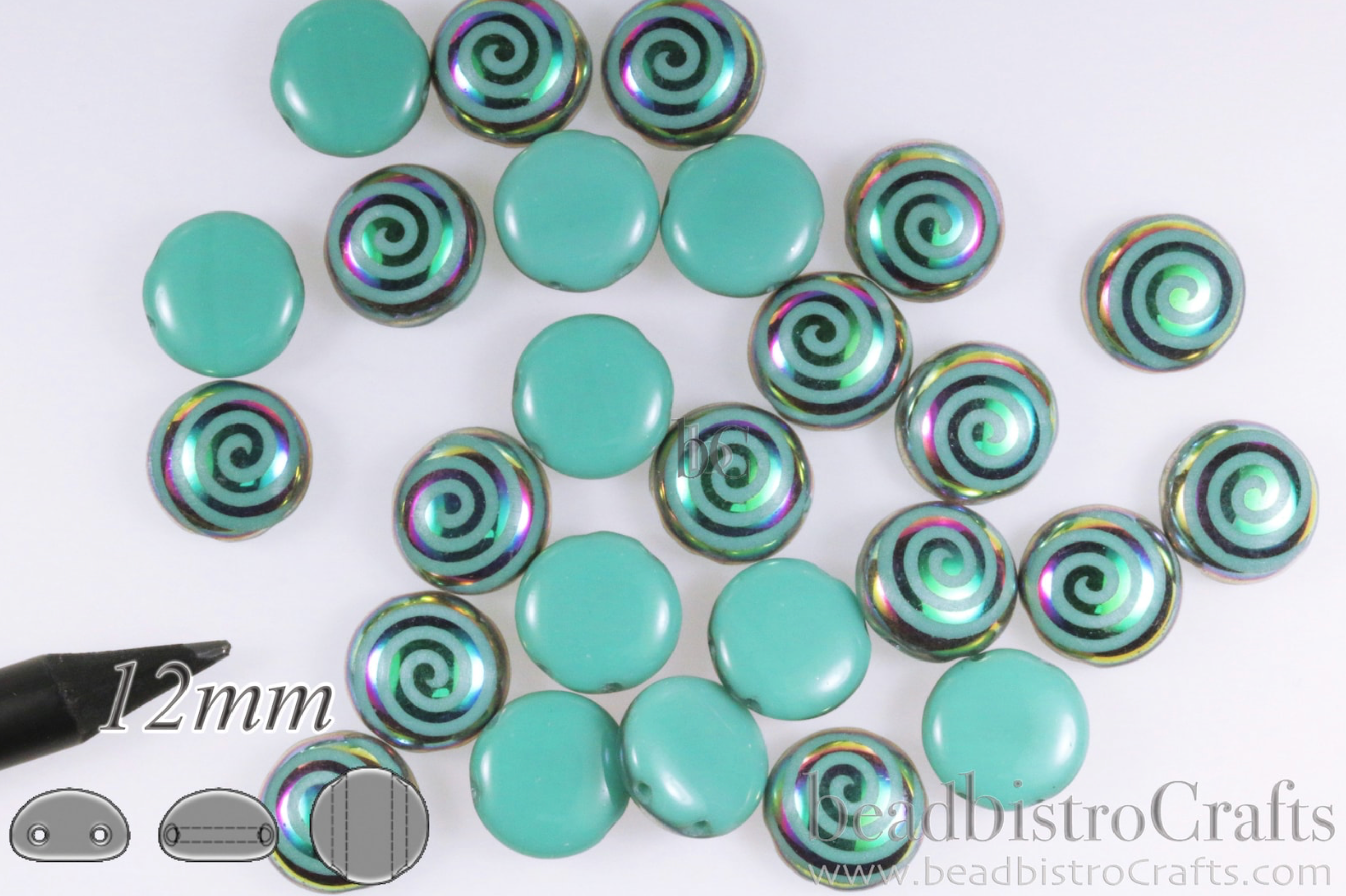 2-hole CANDY™ Cabochon Beads Opaque Green Turquoise Vitrail Spiral 12mm Laser Tattoo Preciosa Czech Glass Beads 12pcs