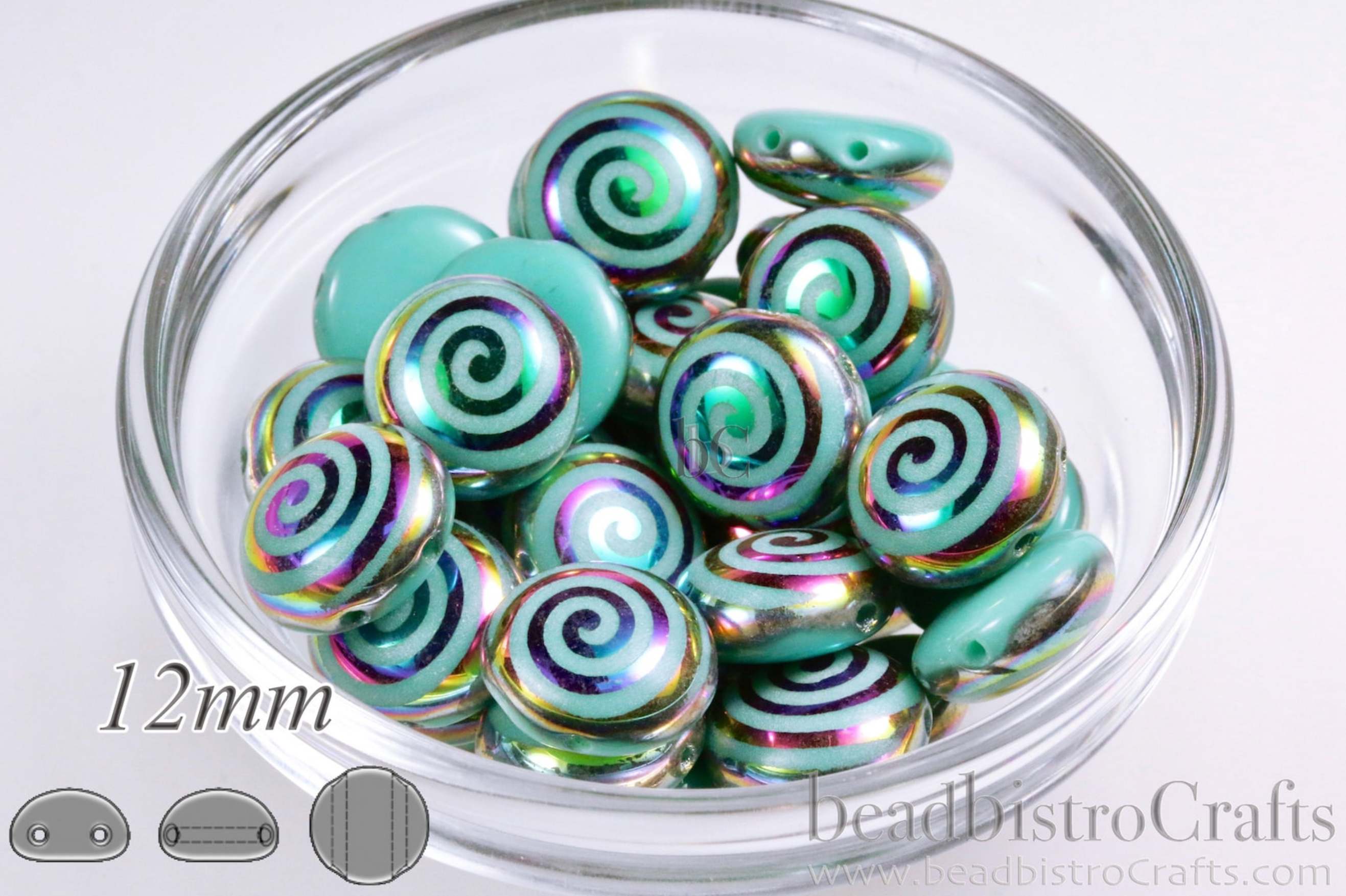 2-hole CANDY™ Cabochon Beads Opaque Green Turquoise Vitrail Spiral 12mm Laser Tattoo Preciosa Czech Glass Beads 12pcs