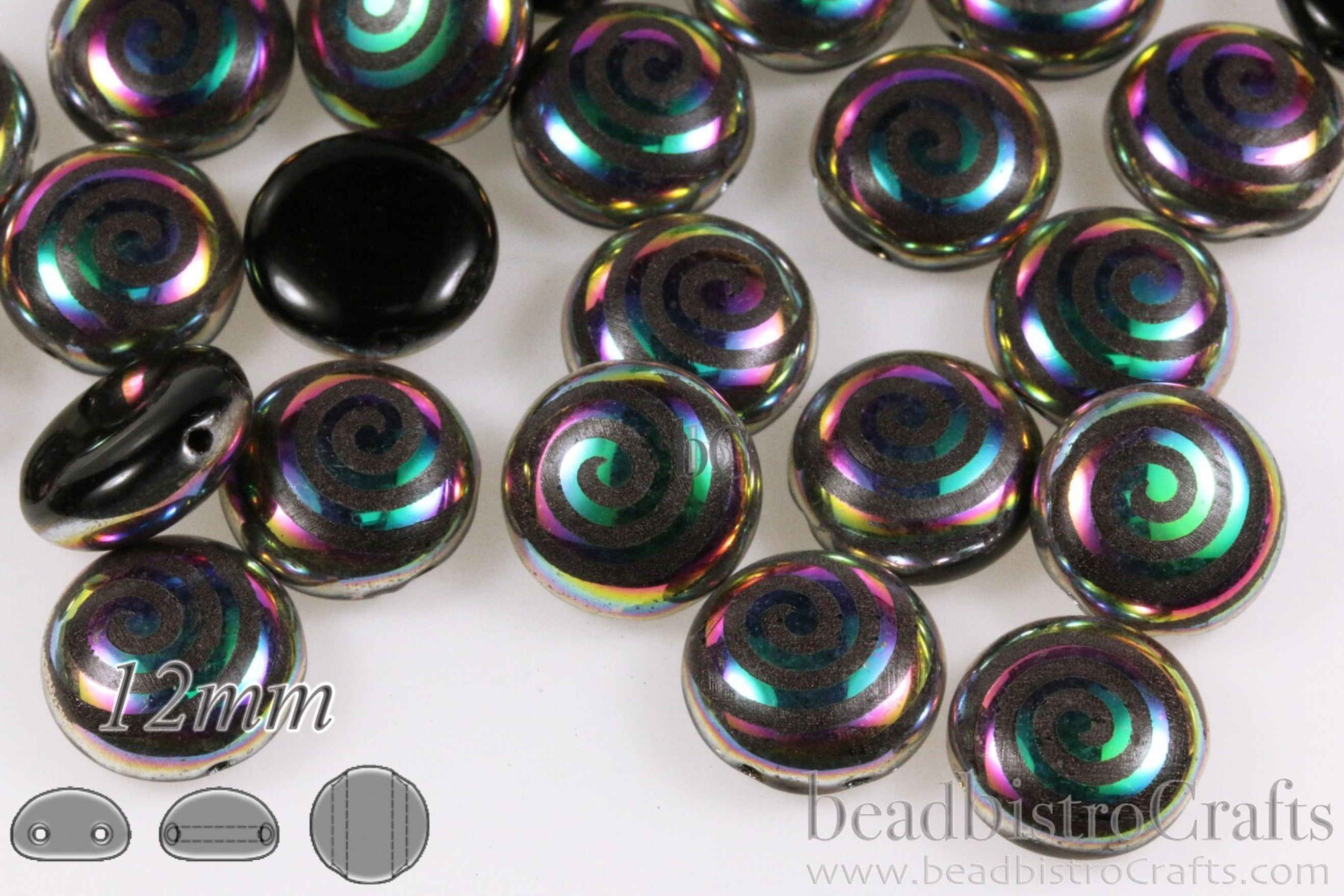 2-hole CANDY™ Cabochon Beads Opaque Jet Black Vitrail Spiral 12mm Laser Tattoo Preciosa Czech Glass Beads 12pcs