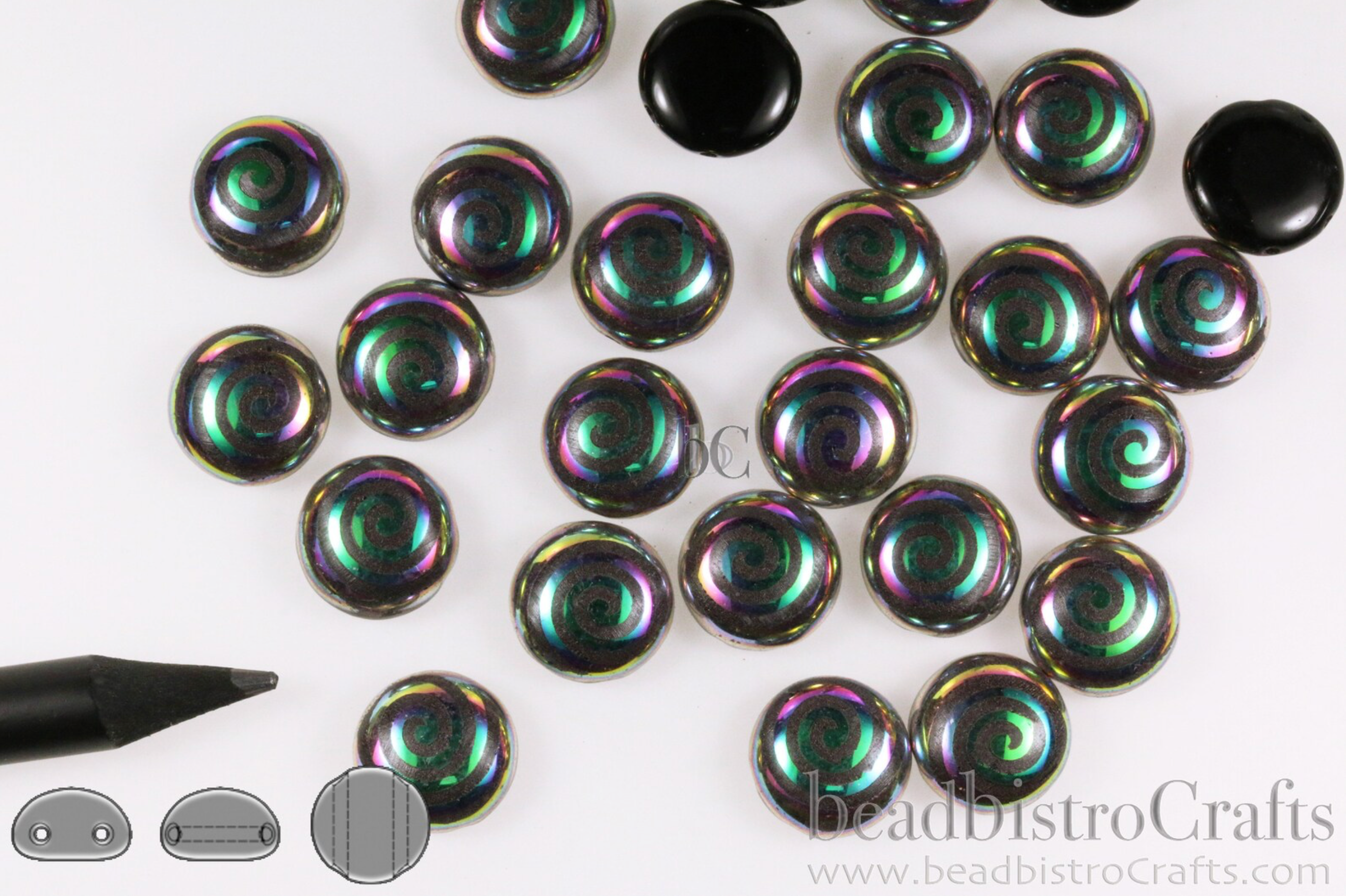 2-hole CANDY™ Cabochon Beads Opaque Jet Black Vitrail Spiral 12mm Laser Tattoo Preciosa Czech Glass Beads 12pcs