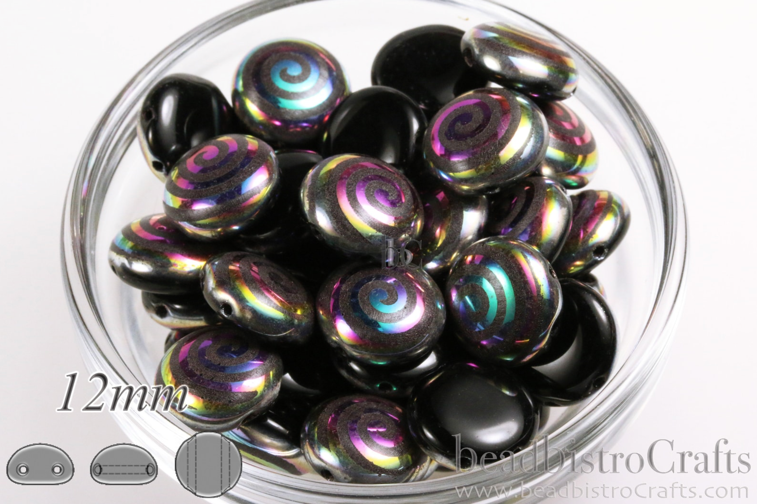 2-hole CANDY™ Cabochon Beads Opaque Jet Black Vitrail Spiral 12mm Laser Tattoo Preciosa Czech Glass Beads 12pcs