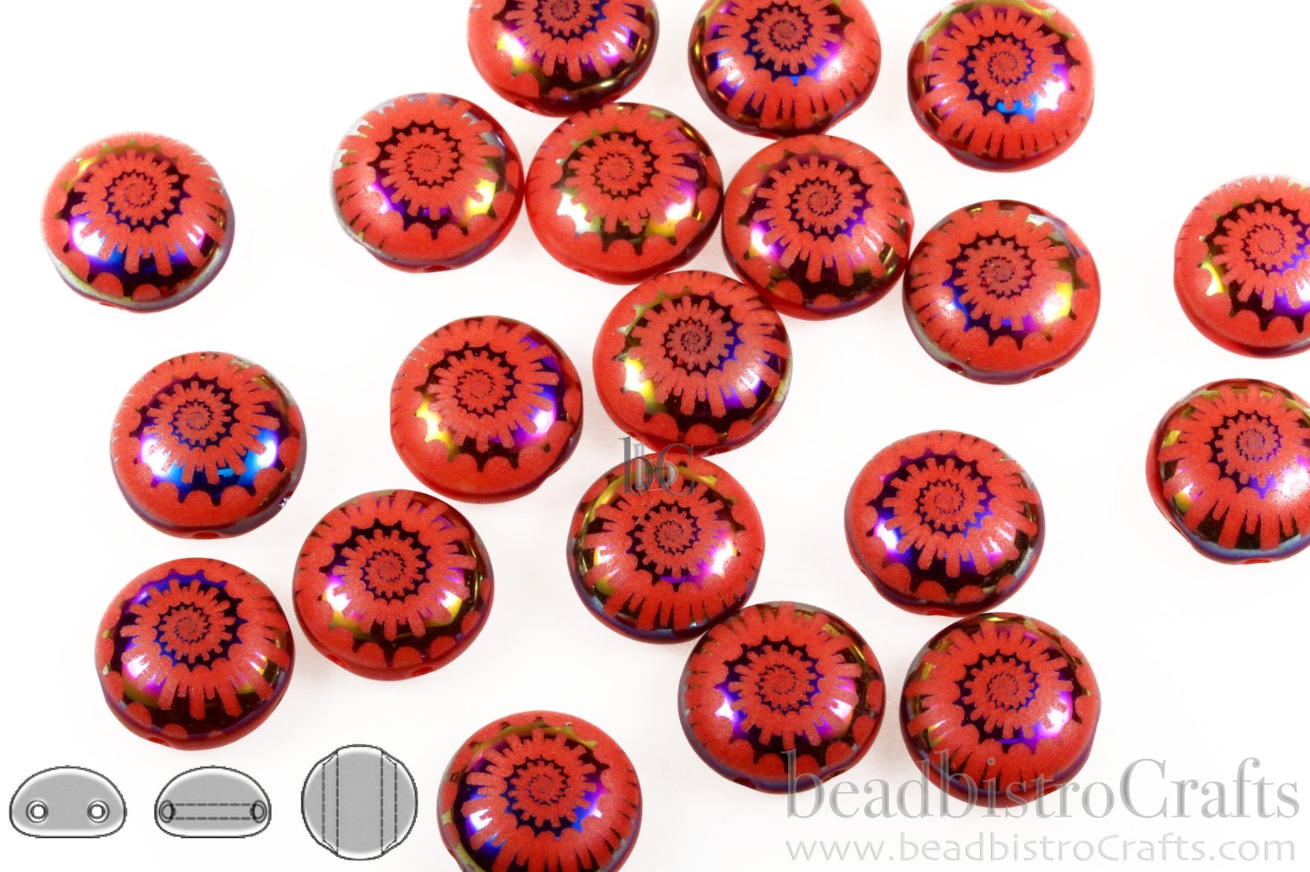 2-hole CANDY™ Cabochon Beads Opaque Red Coral Sliperit Nautilus 12mm Laser Tattoo Preciosa Czech Glass Beads 12pcs