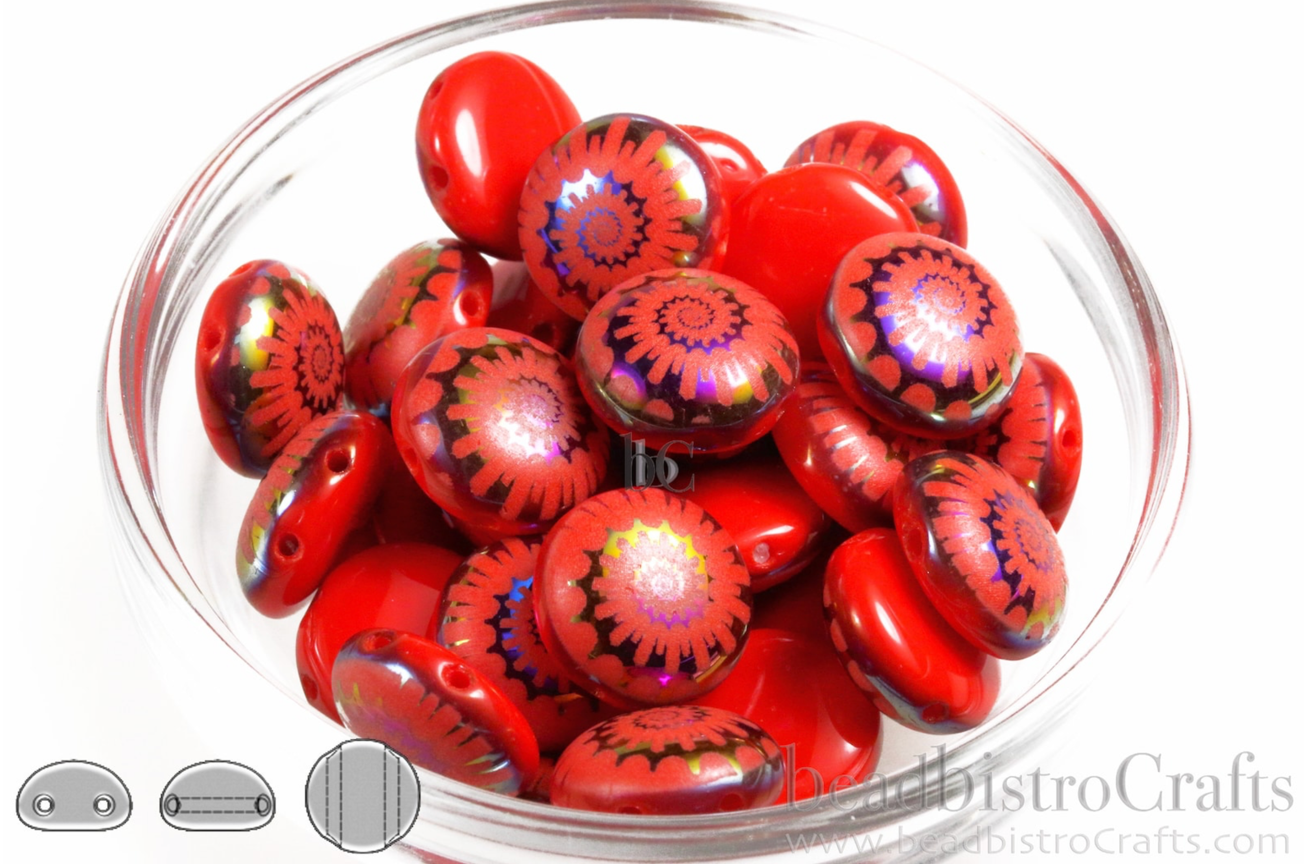 2-hole CANDY™ Cabochon Beads Opaque Red Coral Sliperit Nautilus 12mm Laser Tattoo Preciosa Czech Glass Beads 12pcs