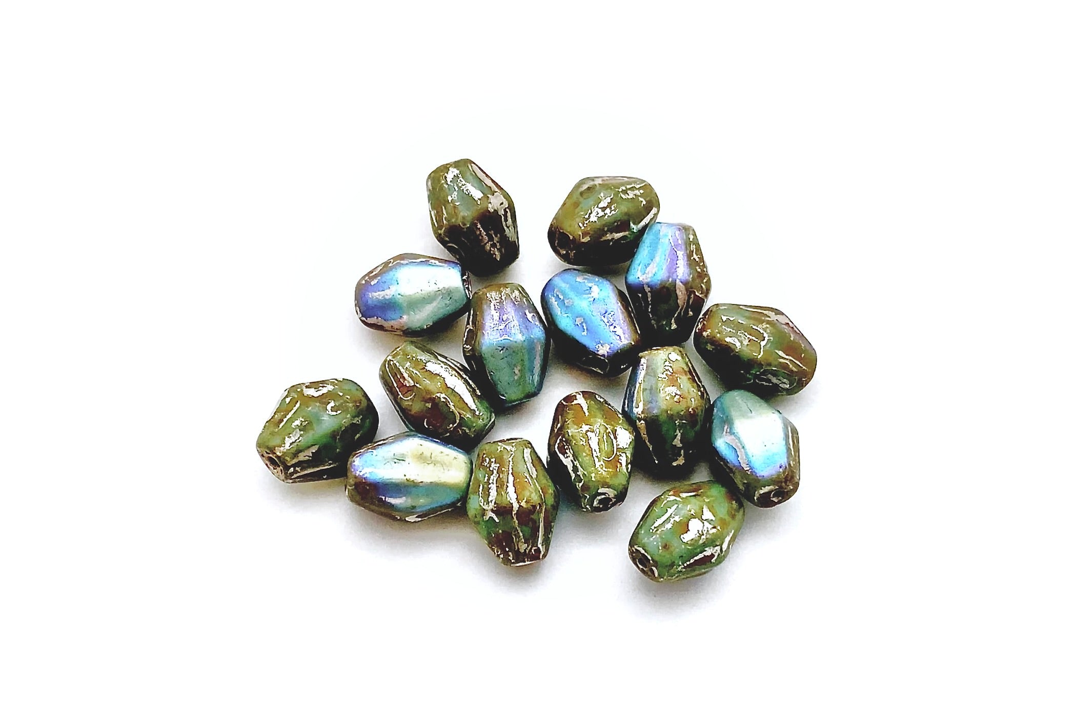 Czech Glass Beads Elongated Bicone 10x8.5mm Matte Turquoise Picasso AB (6pcs)