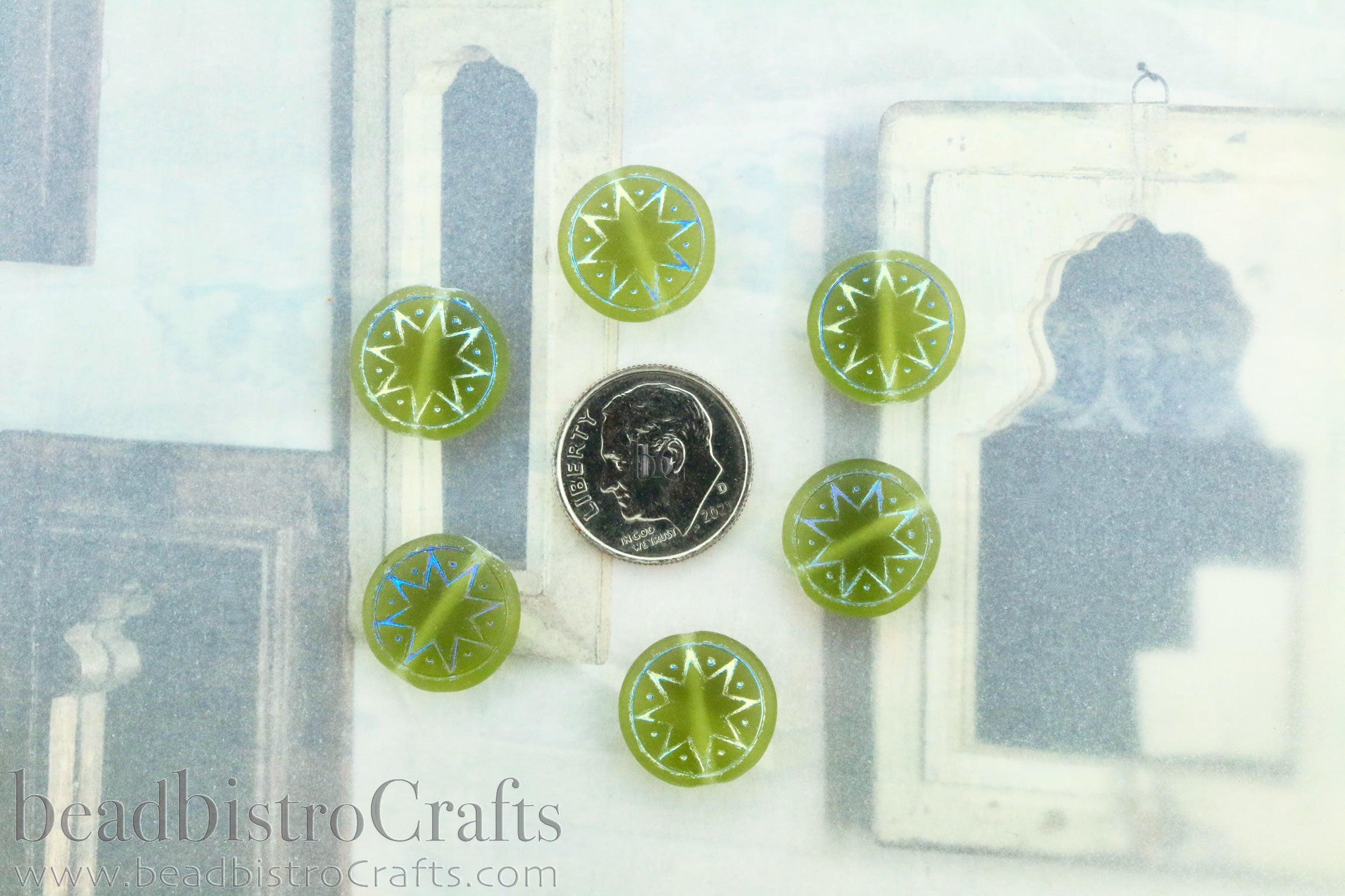 Star of Ishtar 13mm Transparent Frosted Olivine with AB Czech Glass Beads (6pcs)