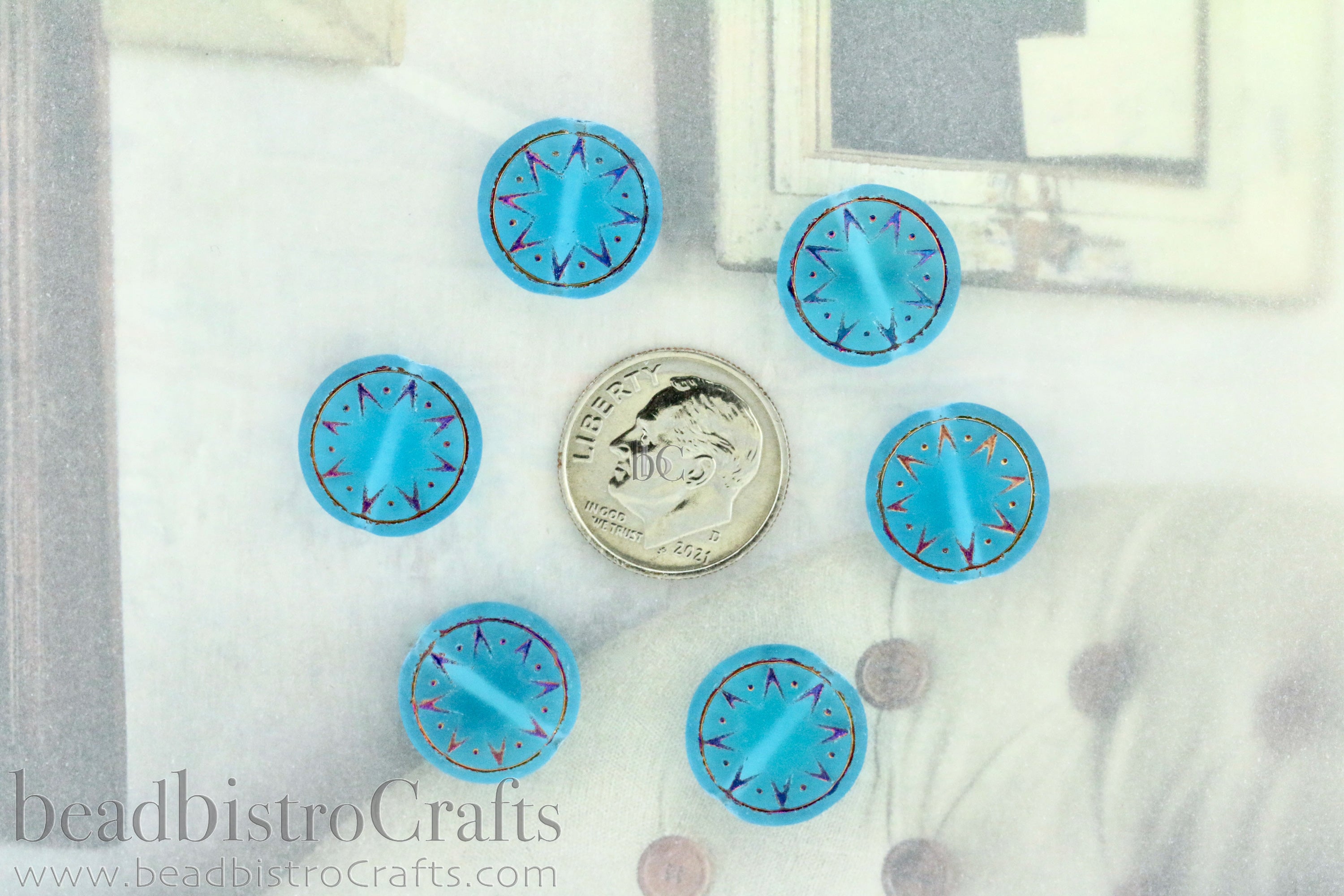 Star of Ishtar 13mm Transparent Frosted Aqua with Sliperit Czech Glass Beads (6pcs)