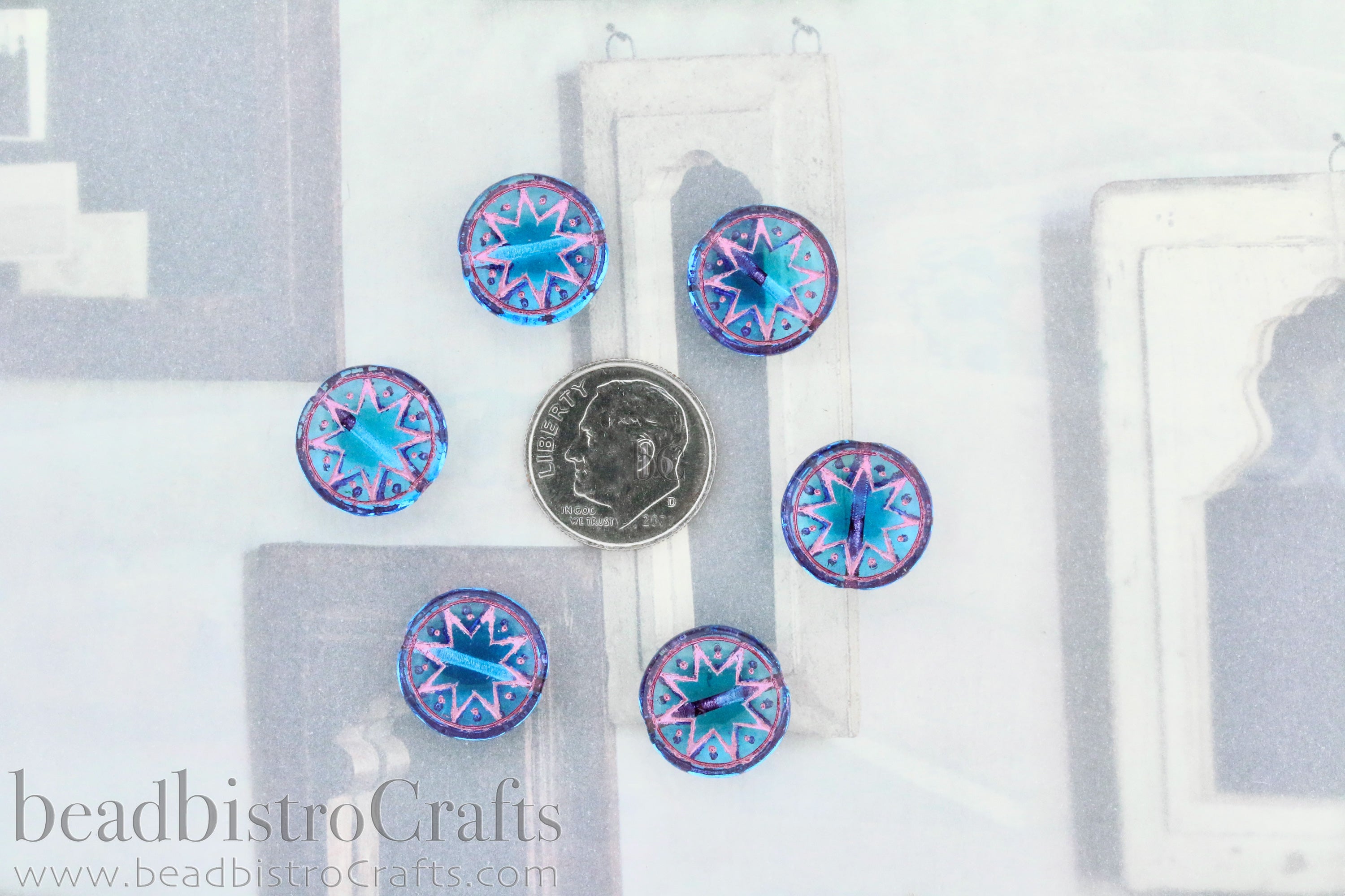 Star of Ishtar 13mm Transparent Aqua with Metallic Pink Wash Czech Glass Beads (6pcs)