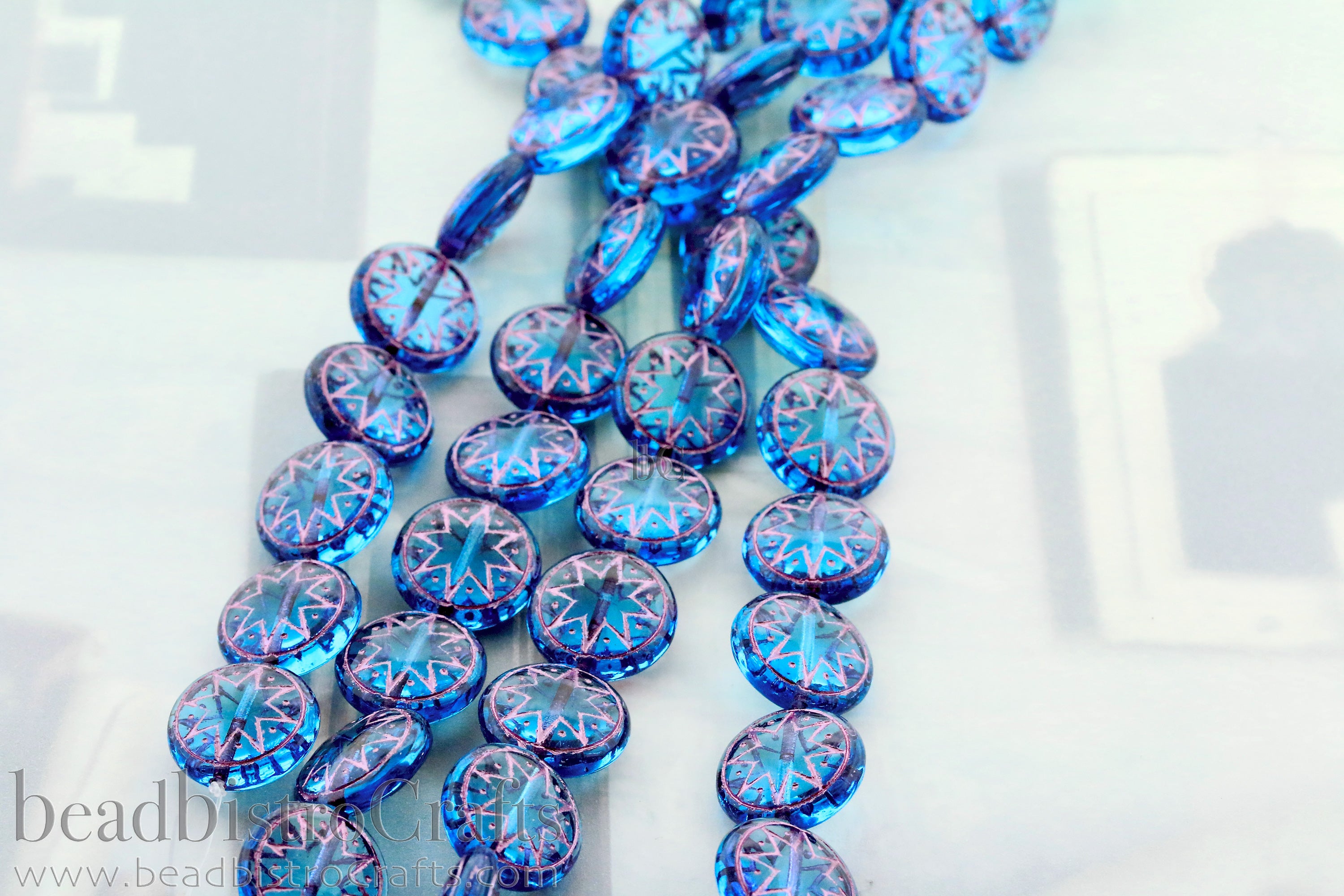 Star of Ishtar 13mm Transparent Aqua with Metallic Pink Wash Czech Glass Beads (6pcs)