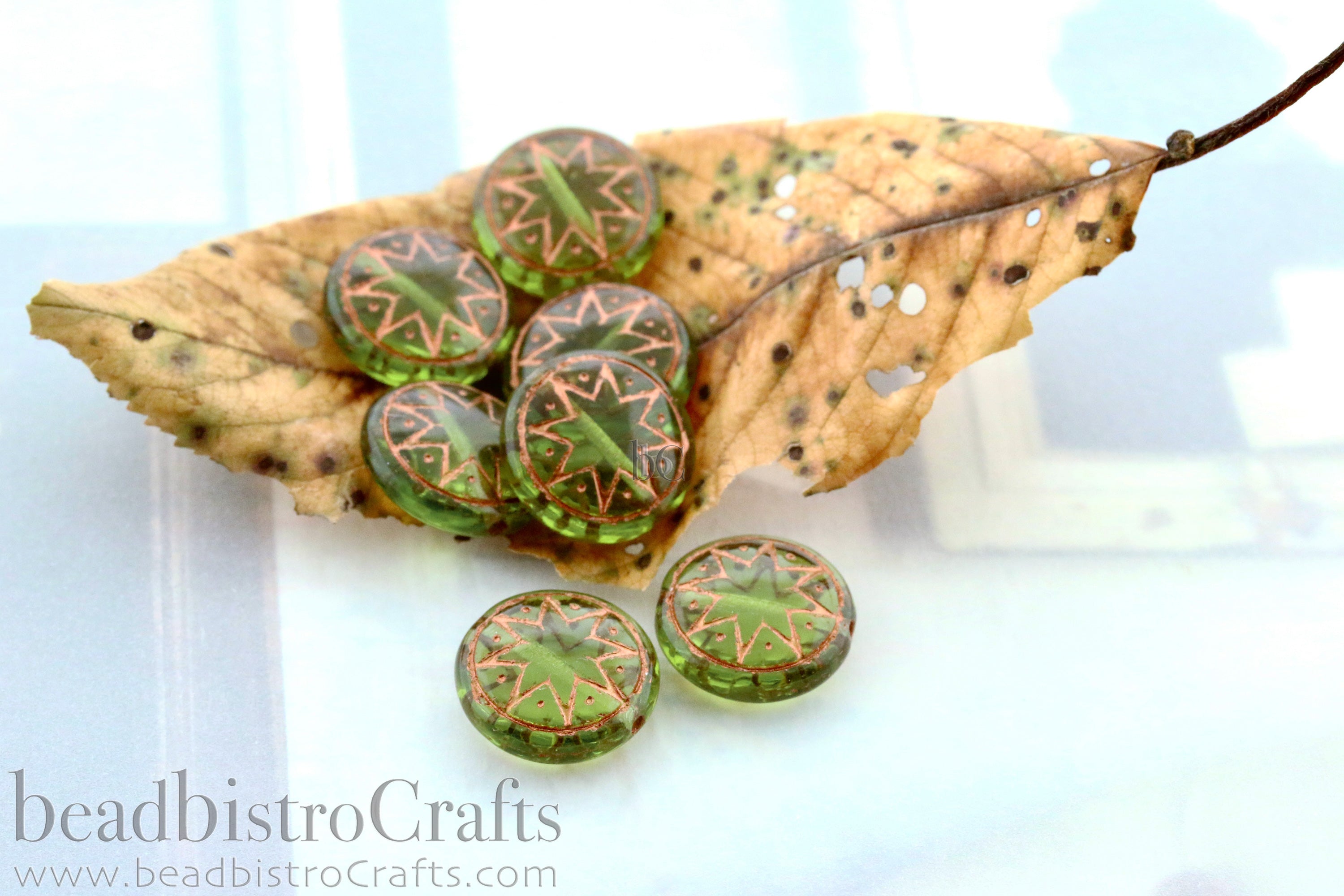 Star of Ishtar 13mm Transparent Olivine with Metallic Copper Wash Czech Glass Beads (6pcs)