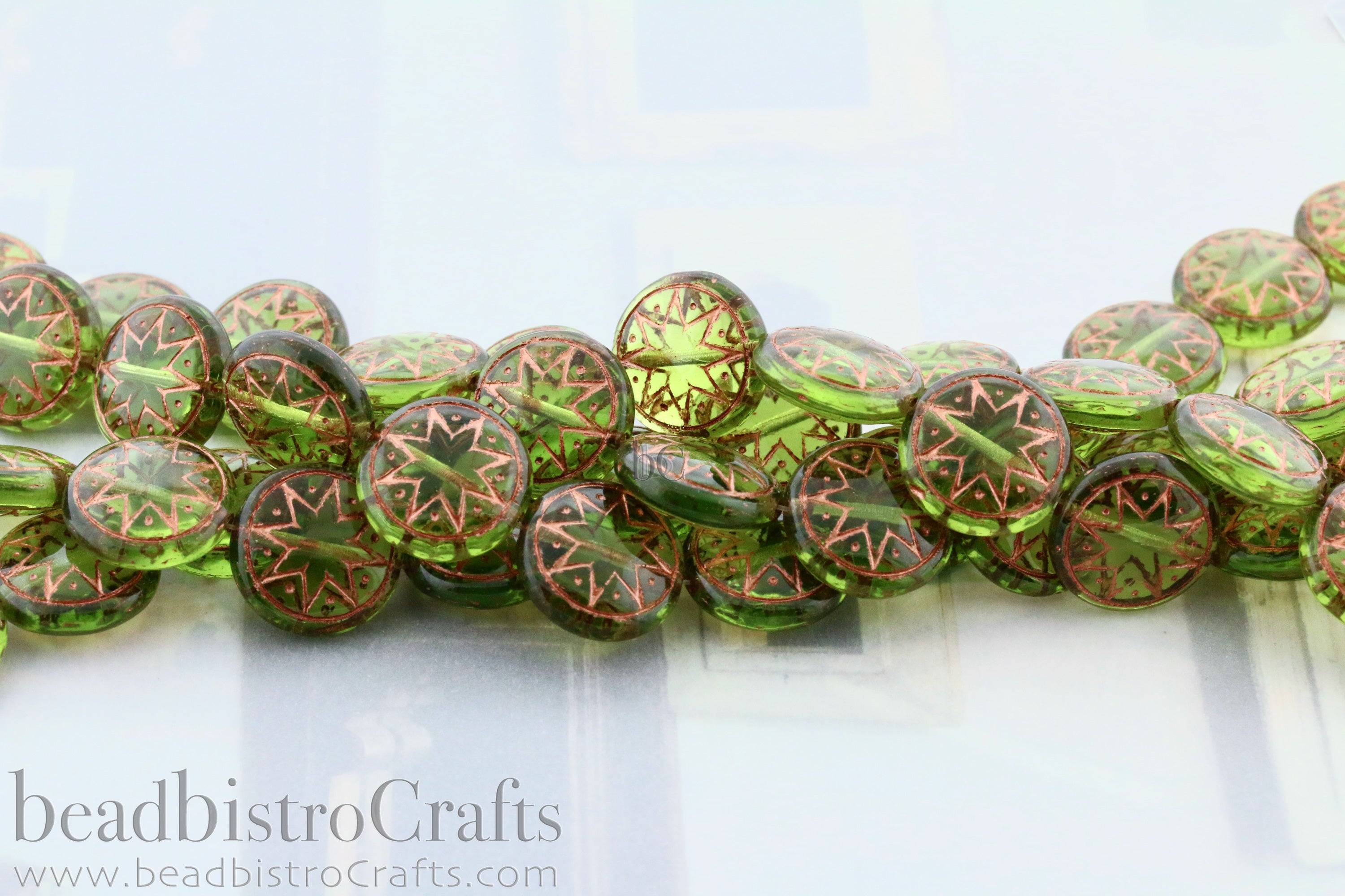 Star of Ishtar 13mm Transparent Olivine with Metallic Copper Wash Czech Glass Beads (6pcs)