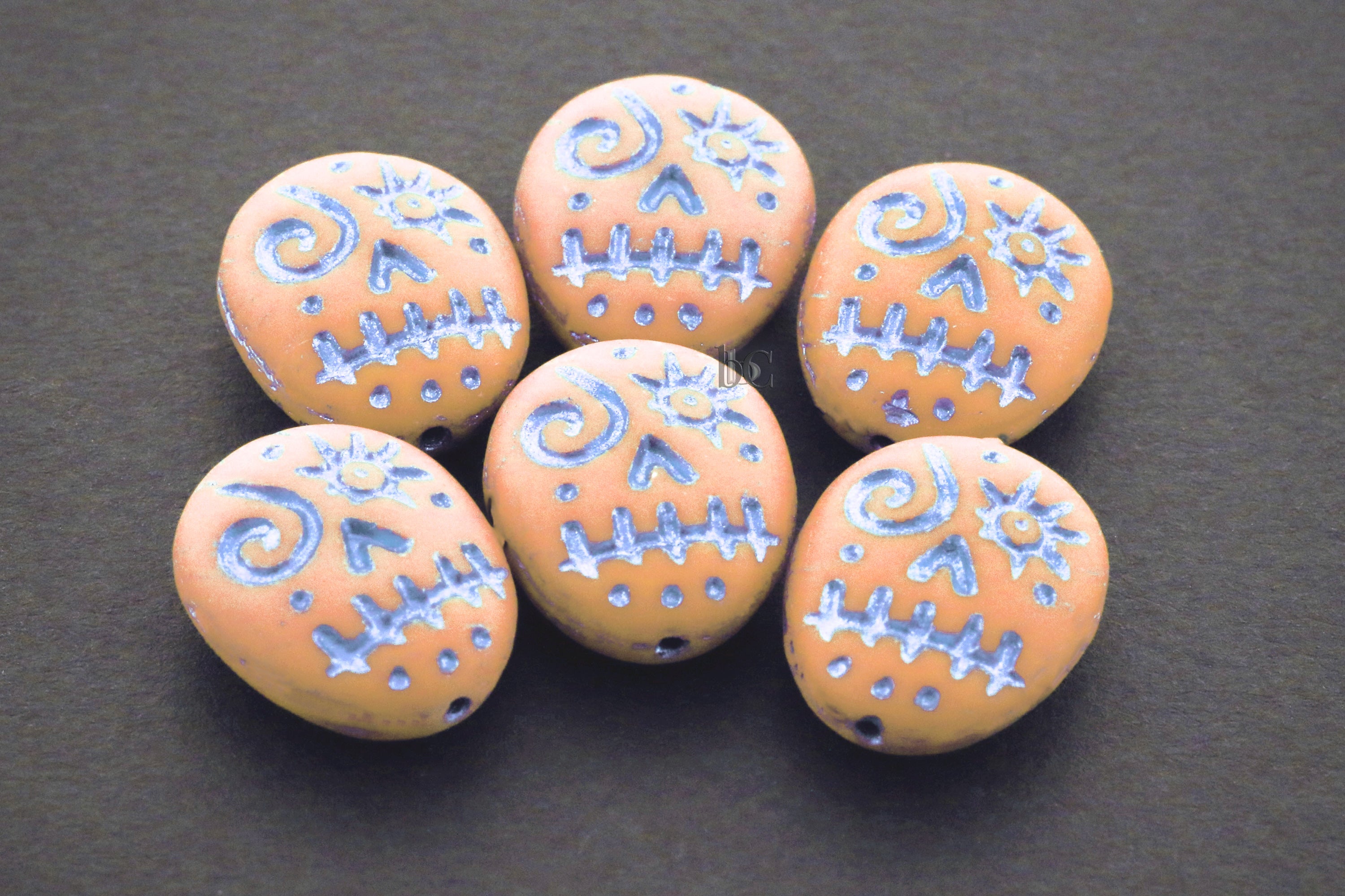 Czech Glass Voodoo Skull Beads 16x13mm Frosted Pale Opaque Pumpkin with Metallic Silver Wash (6pcs)