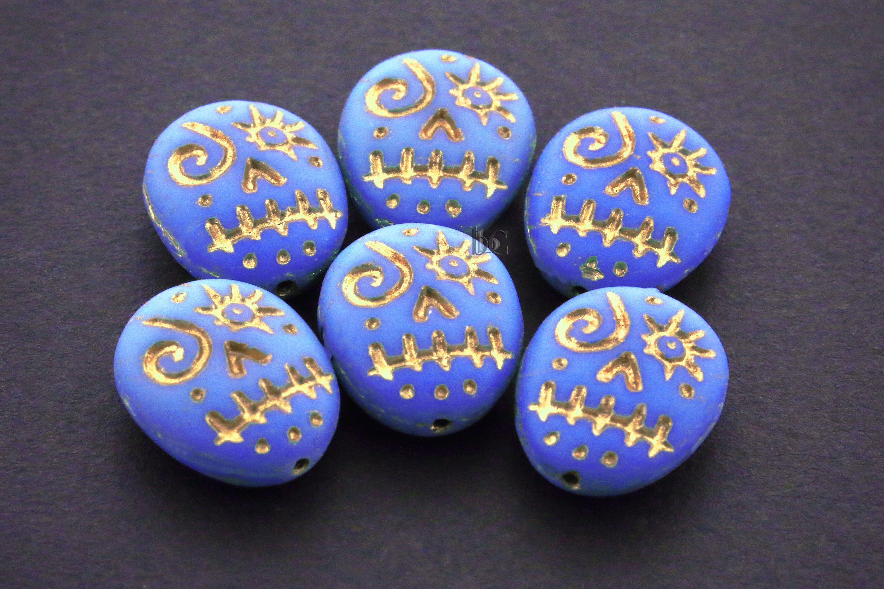 Czech Glass Voodoo Skull Beads 16x13mm Frosted Periwinkle Blue with Metallic Gold Wash (6pcs)