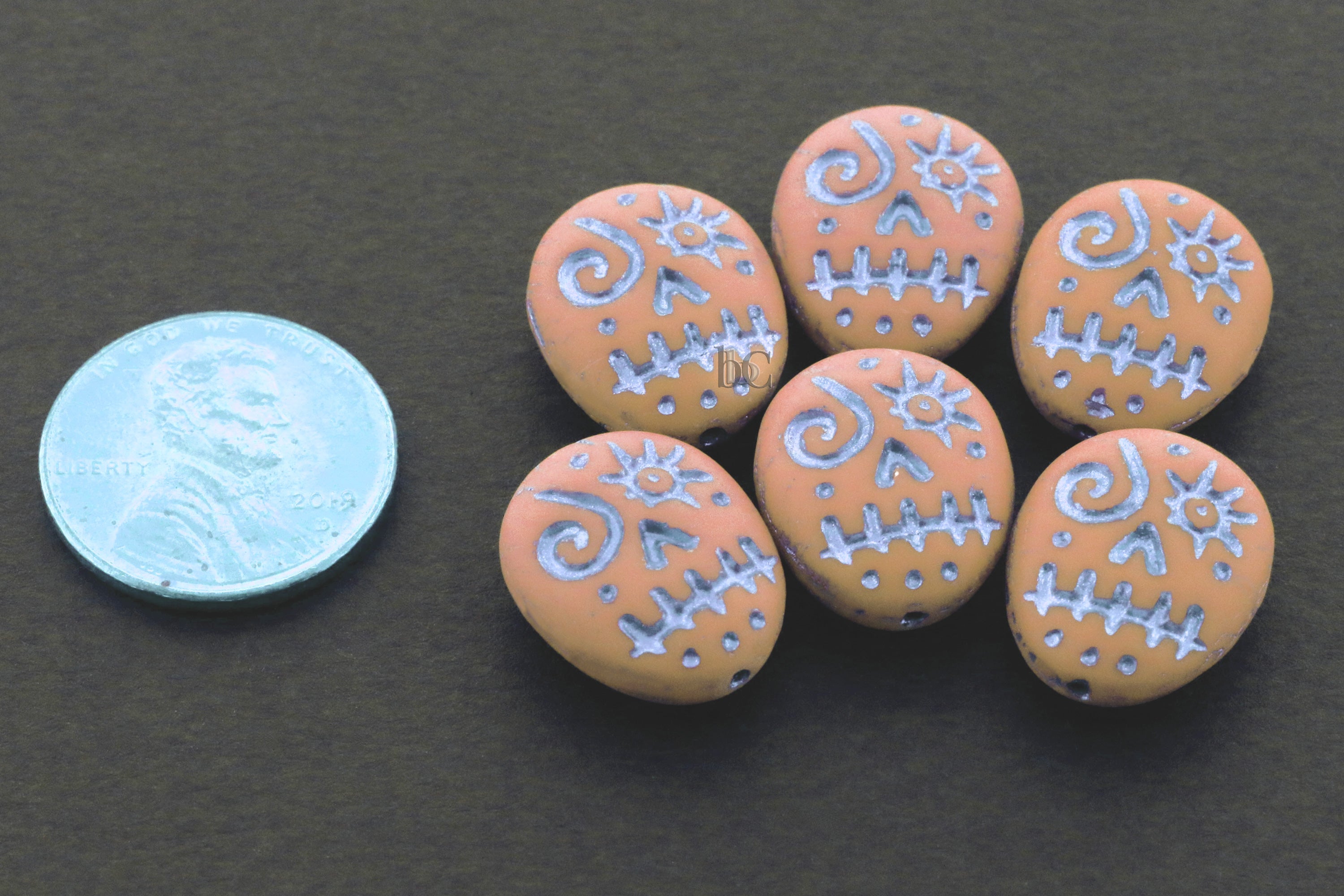 Czech Glass Voodoo Skull Beads 16x13mm Frosted Pale Opaque Pumpkin with Metallic Silver Wash (6pcs)