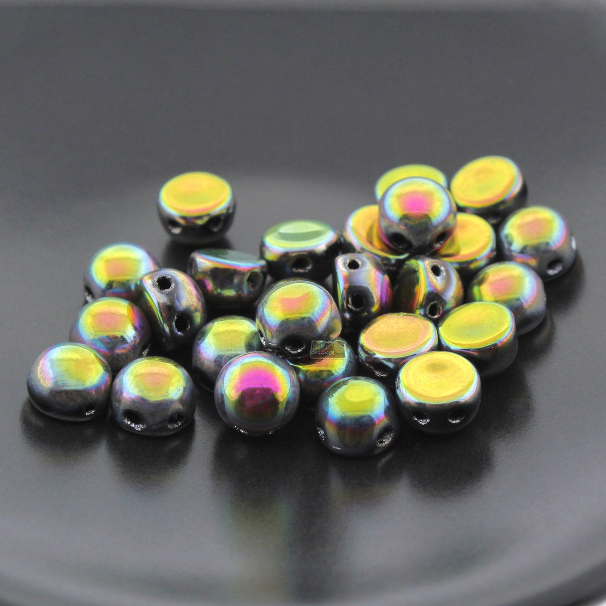 2-hole Cabochon Bead 6mm Opaque Jet Full Vitrail Czech Glass Beads 20pcs