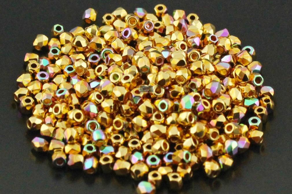 24K Gold Plated AB, 2mm Round Fire Polish Beads (2-grams)