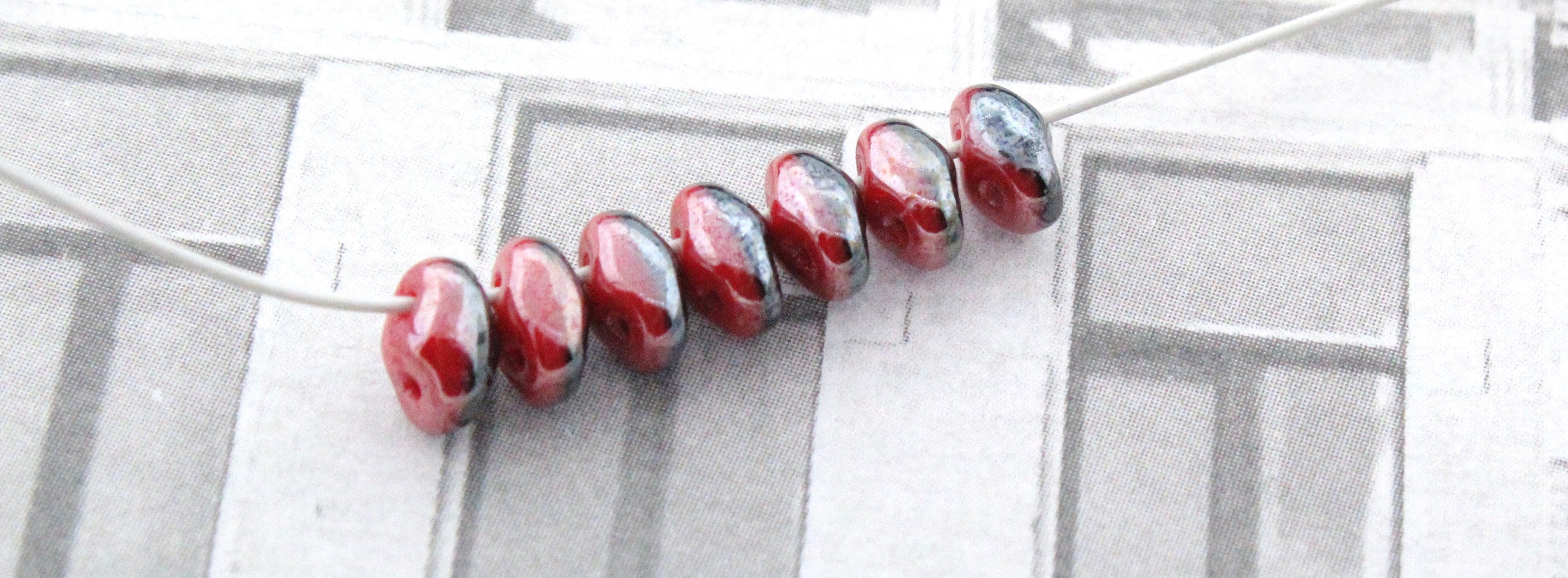 SuperDuo 2.5x5mm DUETS Opaque Red / Black White Luster 2-Hole Czech Seed Beads ~ 10g