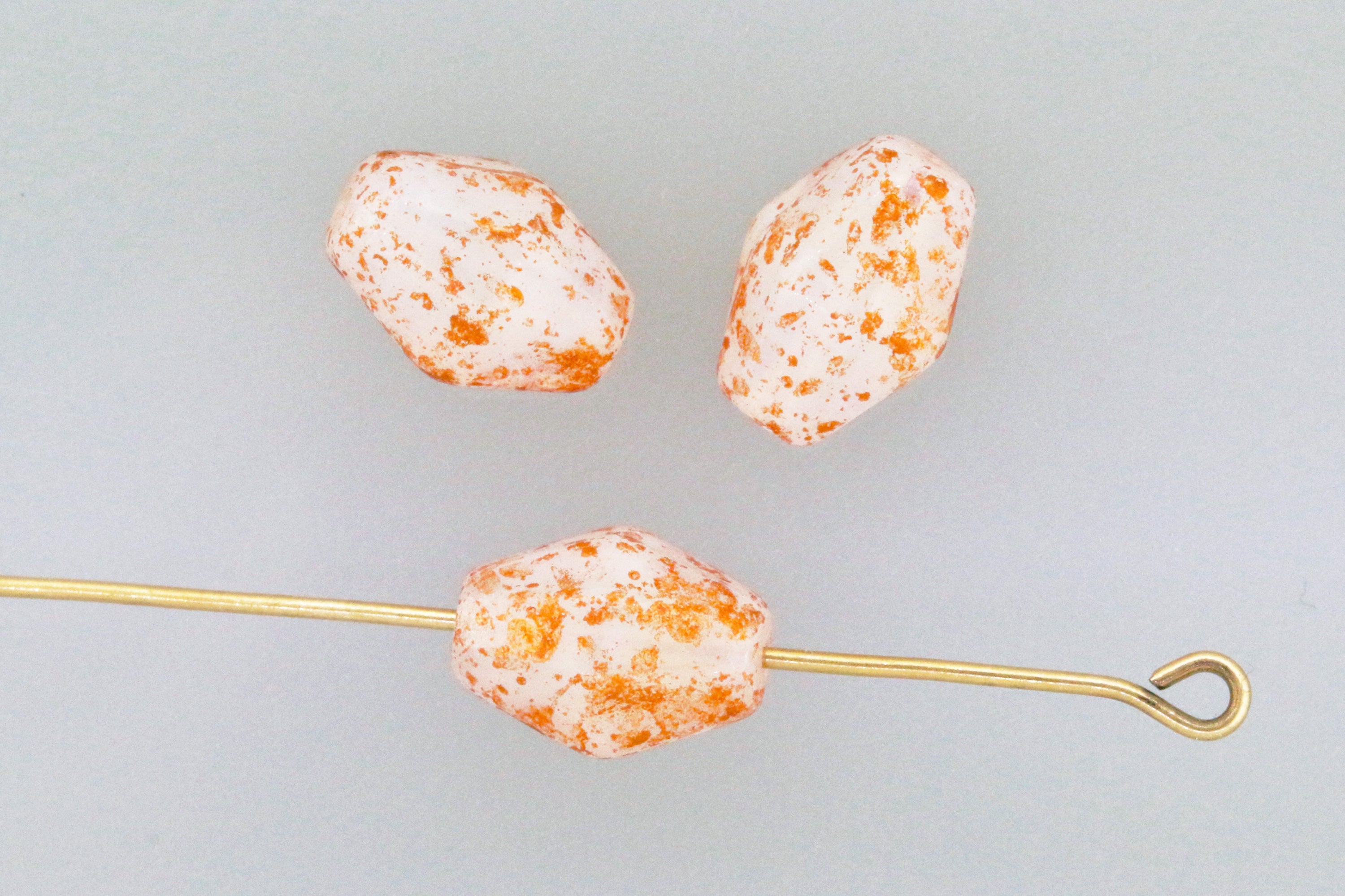 Czech Glass Beads Elongated Bicone 10x8.5mm White Alabaster Copper Splash (6pcs)