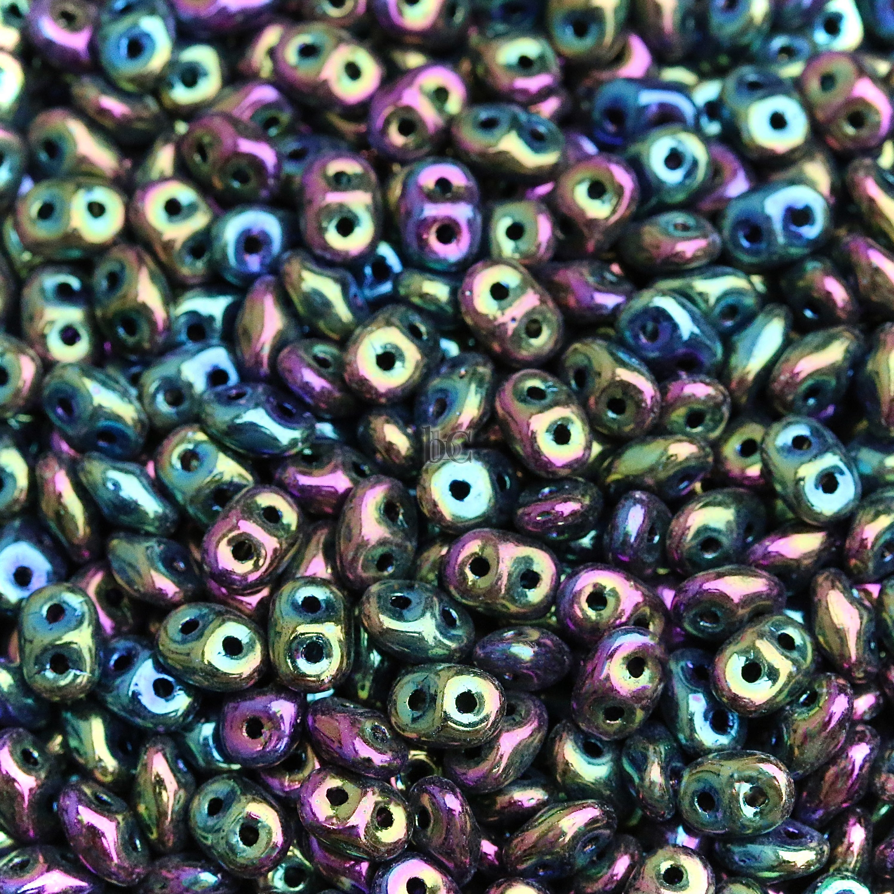 SuperDuo 2.5x5mm Jet GREEN IRIS 2-Hole Czech Seed Beads ~ 10g/20g