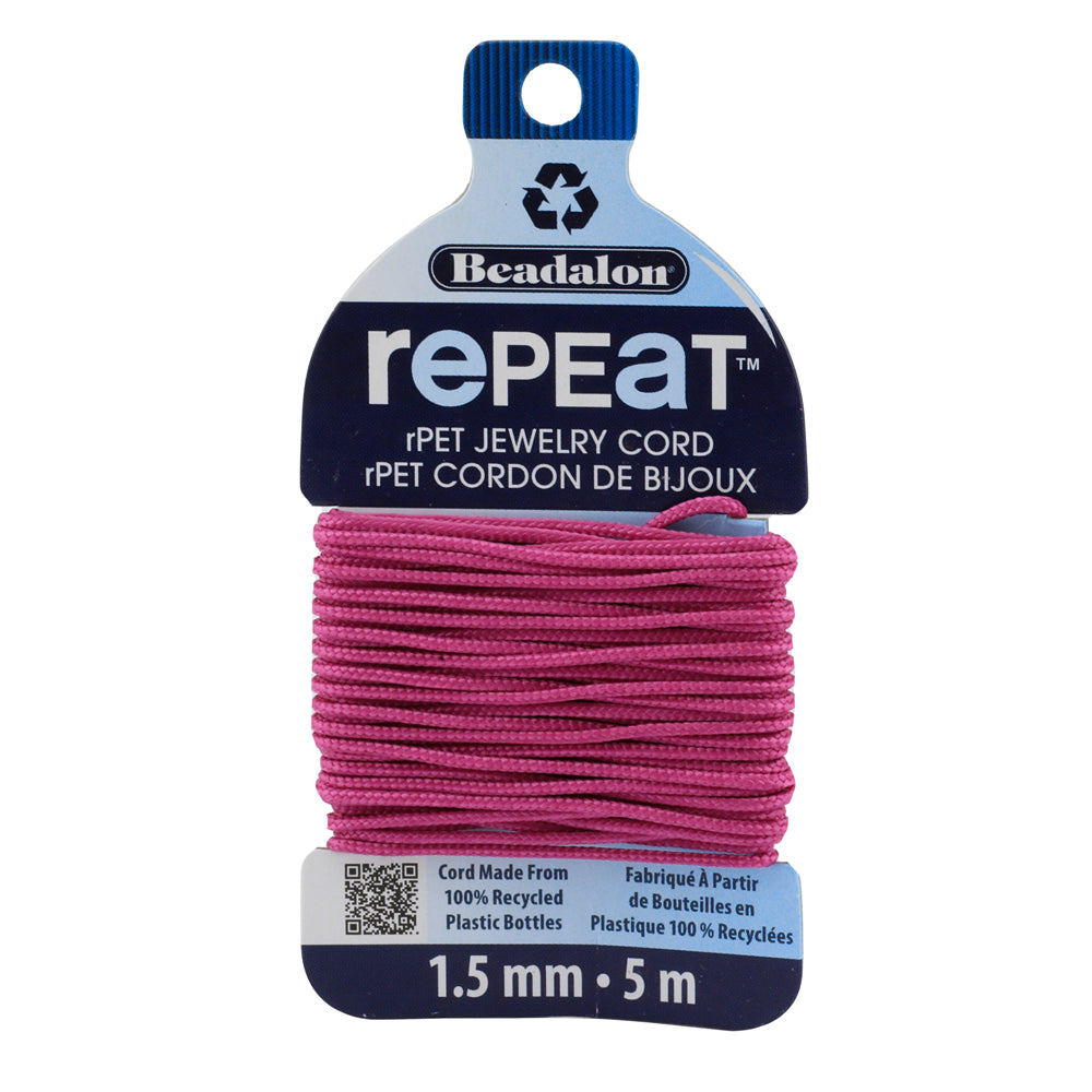 Beadalon RePEaT FUCHSIA 1.5mm, 100% Recycled PET Braided Jewelry Cord, Beading Cord