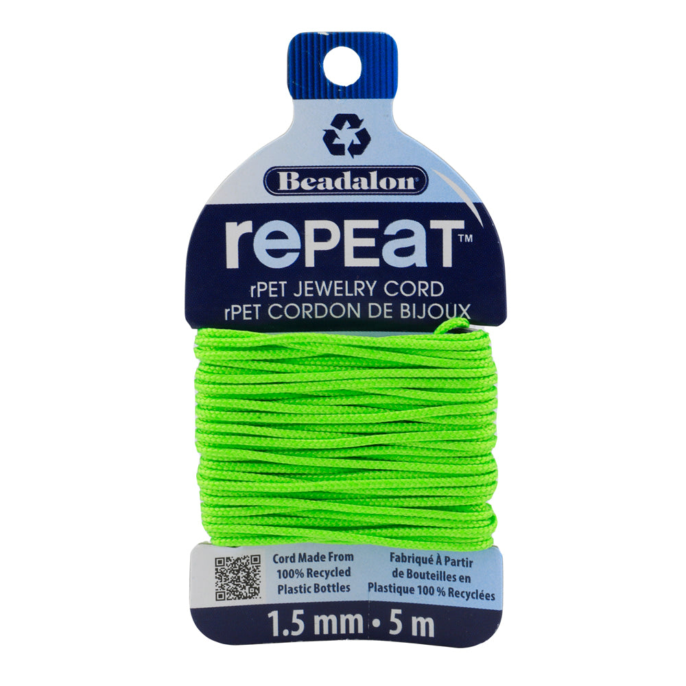 Beadalon RePEaT LIME 1.5mm, 100% Recycled PET Braided Jewelry Cord, Beading Cord