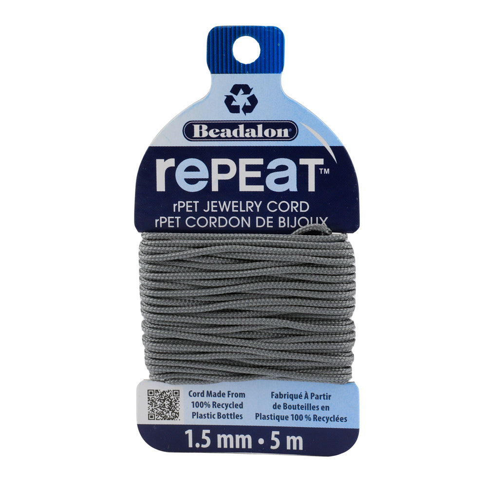 Beadalon RePEaT GREY 1.5mm, 100% Recycled PET Braided Jewelry Cord, Beading Cord