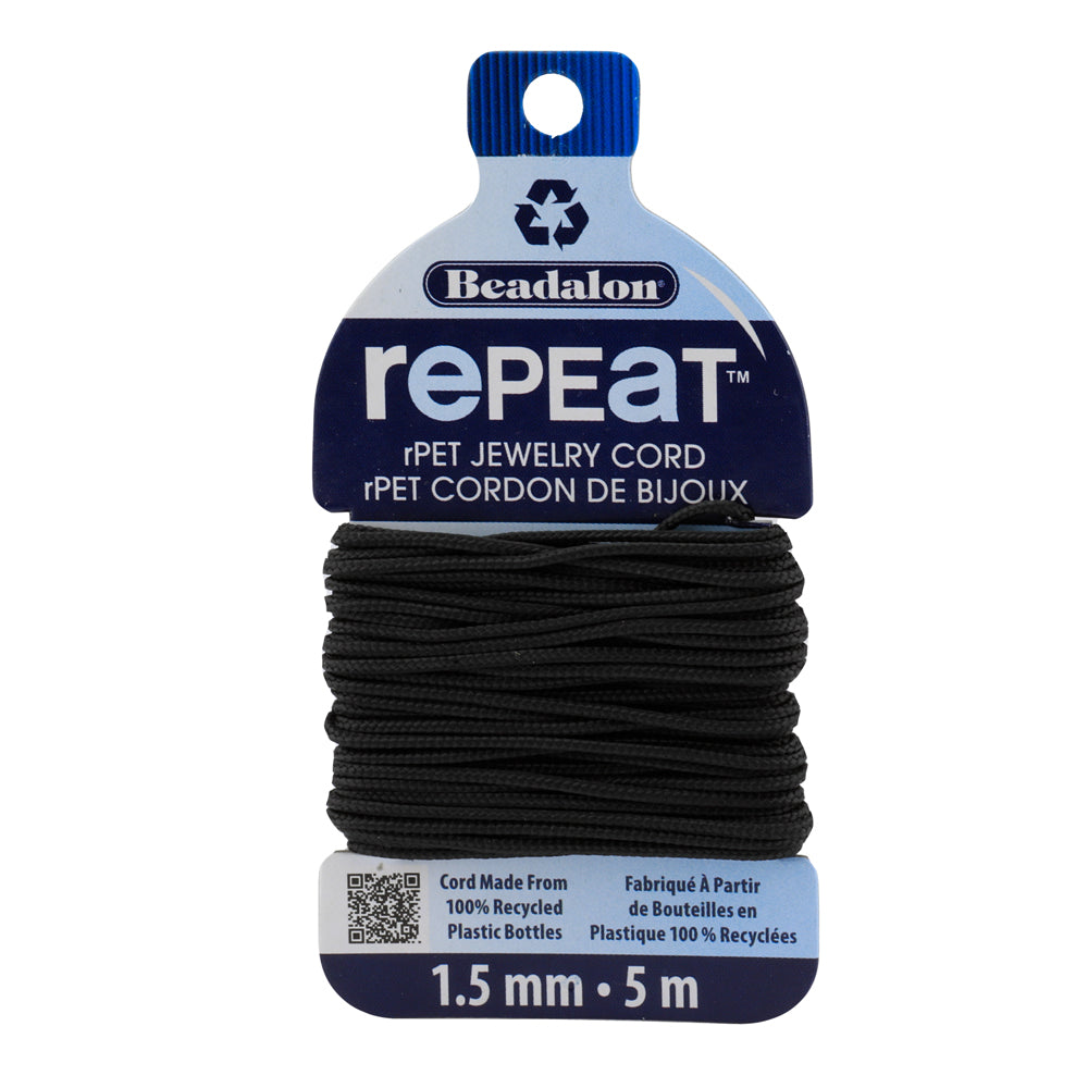 Beadalon RePEaT BLACK 1.5mm, 100% Recycled PET Braided Jewelry Cord, Beading Cord