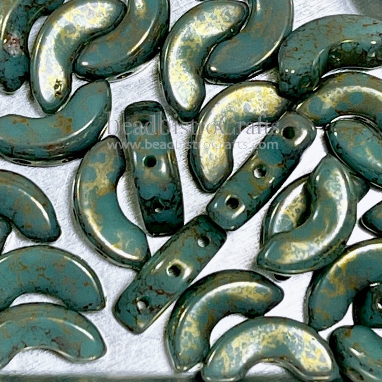 ARCOS Les Perles Par Puca® 5x10mm Opaque Green TURQUOISE BRONZE 3-hole Czech Glass Beads ~ 30pcs