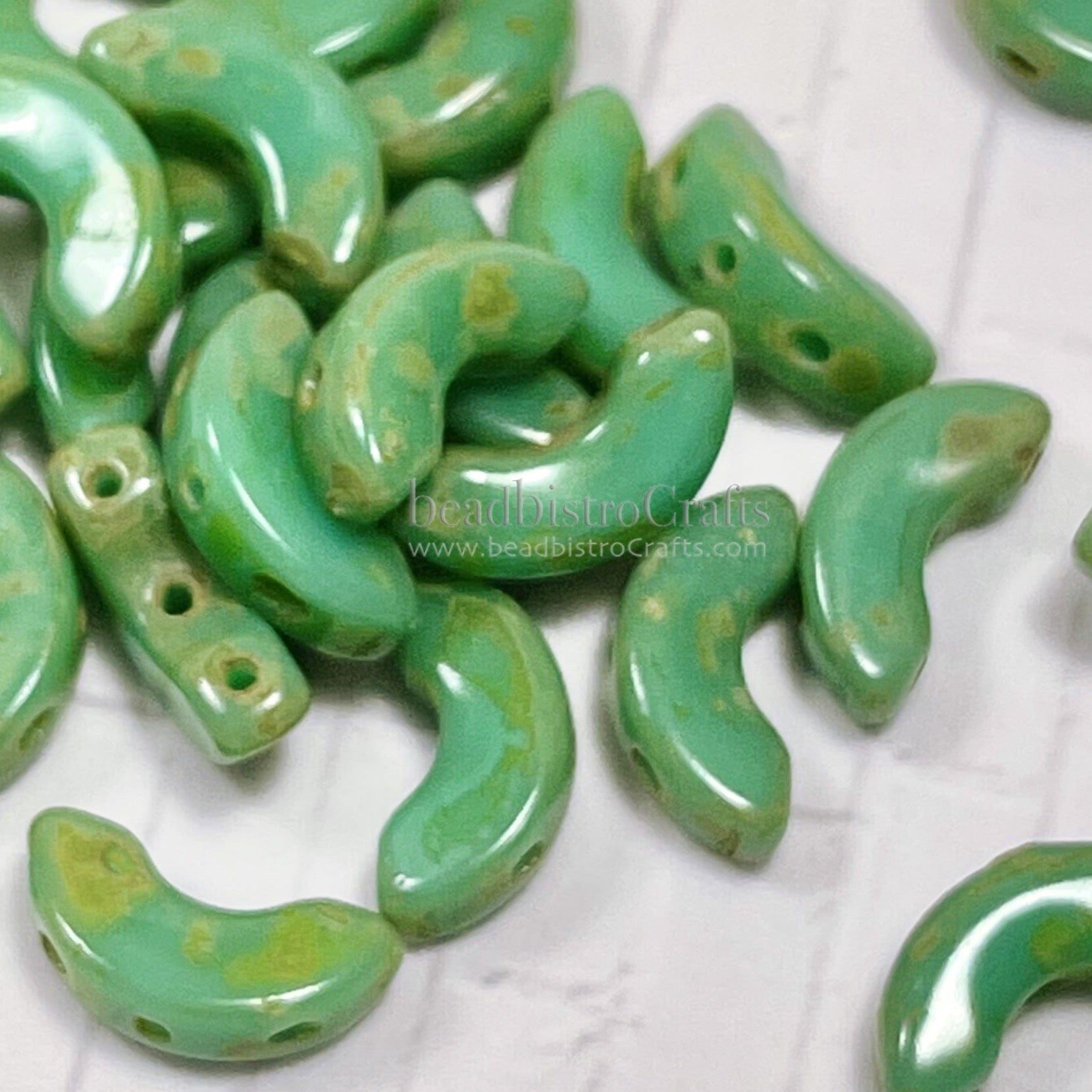 ARCOS Les Perles Par Puca® 5x10mm Opaque Green TURQUOISE TRAVERTINE 3-hole Czech Glass Beads ~ 30pcs