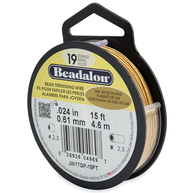 Beadalon 19 Strand 24KT Gold Plated .024in Flexible Bead Stringing Wire, 15ft Spool