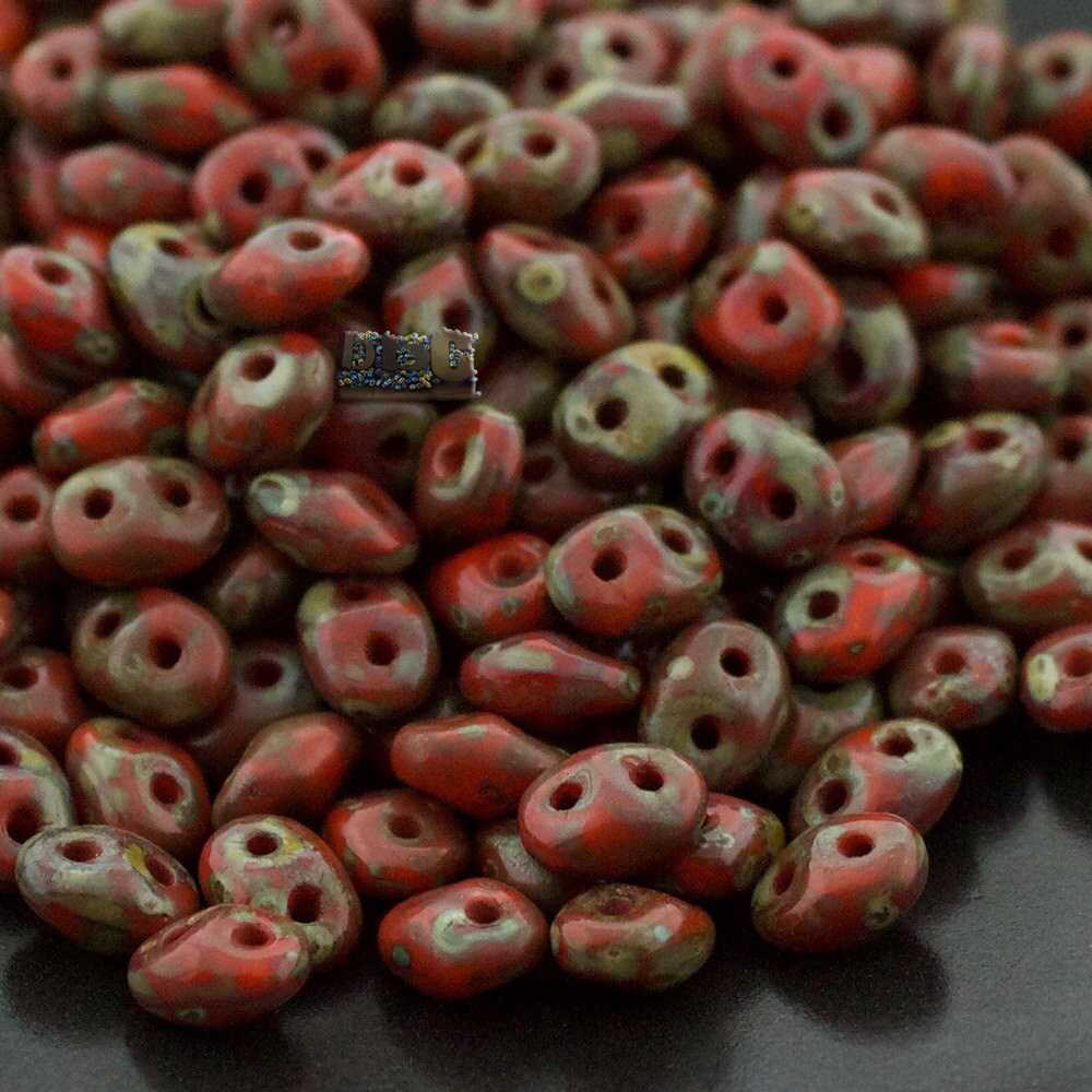 10g Czech SuperDuo 2-hole Beads * NEW Color * Opaque Orange TRAVERTINE DARK 2.5x5mm