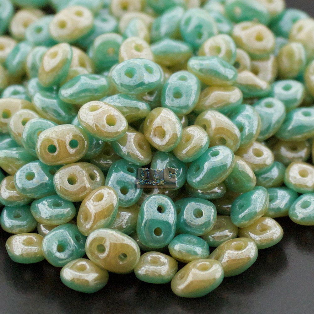 10g Czech SuperDuo 2-hole Beads - DUETS Green Turquoise / Ivory LUSTER * 2.5x5mm