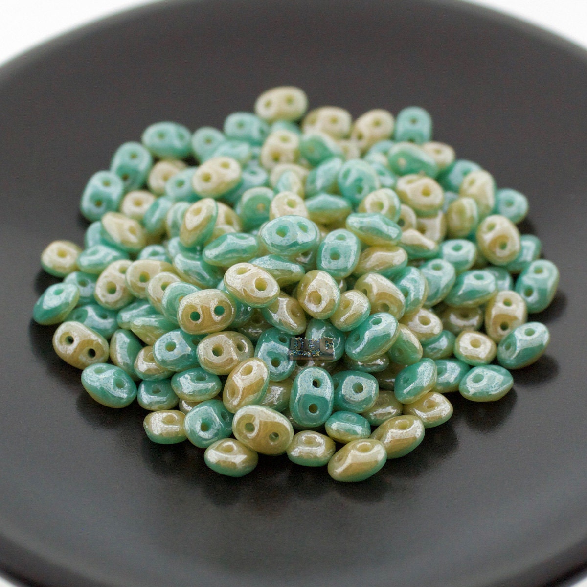 10g Czech SuperDuo 2-hole Beads - DUETS Green Turquoise / Ivory LUSTER * 2.5x5mm