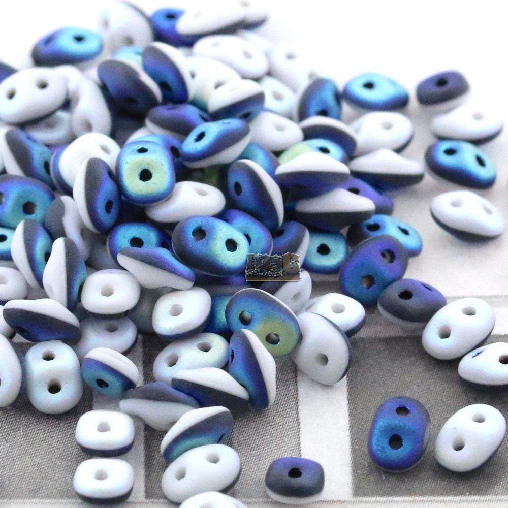 10g Czech SuperDuo 2 hole beads * NEW Color * DUETS Opaque Black / White Full Matte AB - 2.5x5mm