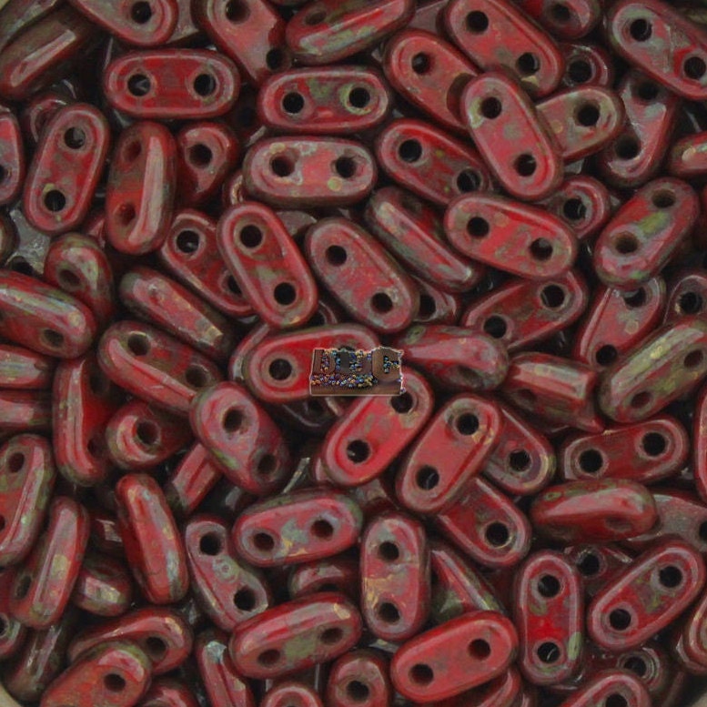 CzechMates 2 hole Bar Beads -10g (~120pcs) Shim bar Beads Opaque Red PICASSO - 6x2mm