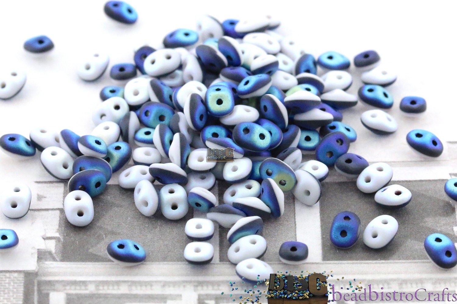 10g Czech SuperDuo 2 hole beads * NEW Color * DUETS Opaque Black / White Full Matte AB - 2.5x5mm